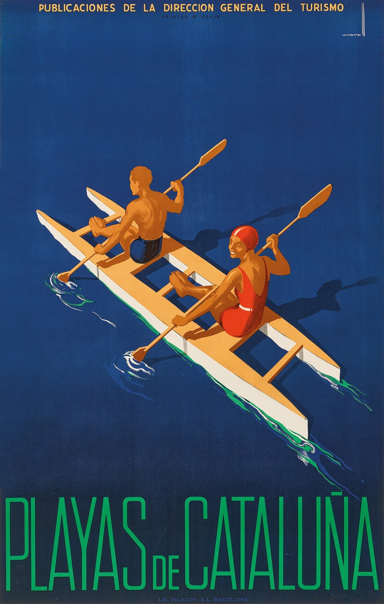 ANONYMOUS: ANONYMOUS PLAYAS DE CATALUNA lithographic poster; 1939, condition A-; backed on linen 39 x 24.5in. (99 x 62cm.)