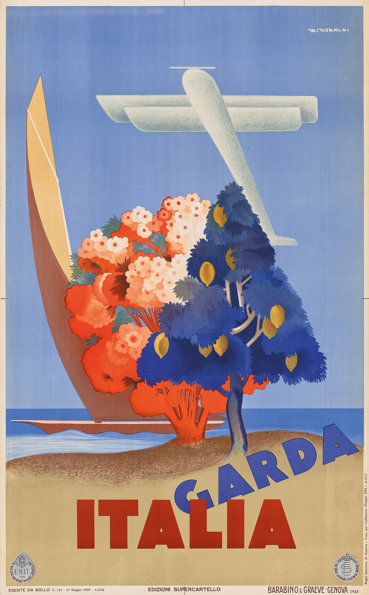 GIUSEPPE RICCOBALDI (1887–1976): GIUSEPPE RICCOBALDI (1887–1976) ITALIA GARDA lithographic poster; 1935, condition A-; backed on linen 39.5 x 24.5in. (100 x 62cm.)