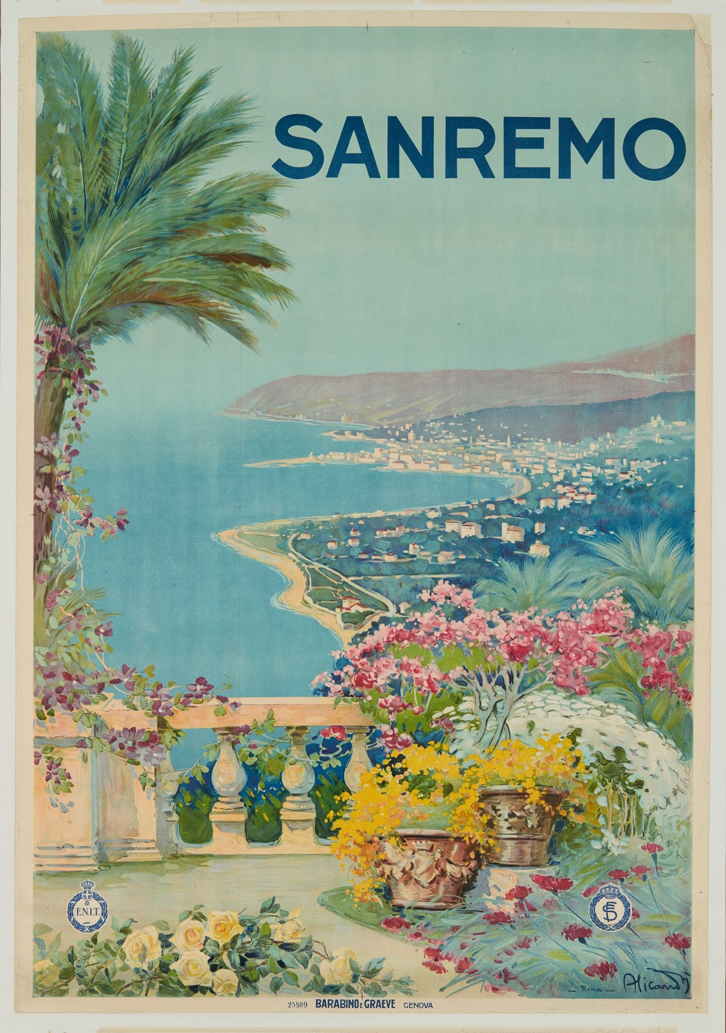 VINCENZO ALICANDRI (1871-1955): VINCENZO ALICANDRI (1871-1955) SANREMO lithographic poster, c.1928, condition B+/A-; backed on paper 40 x 27in. (100 x 69)