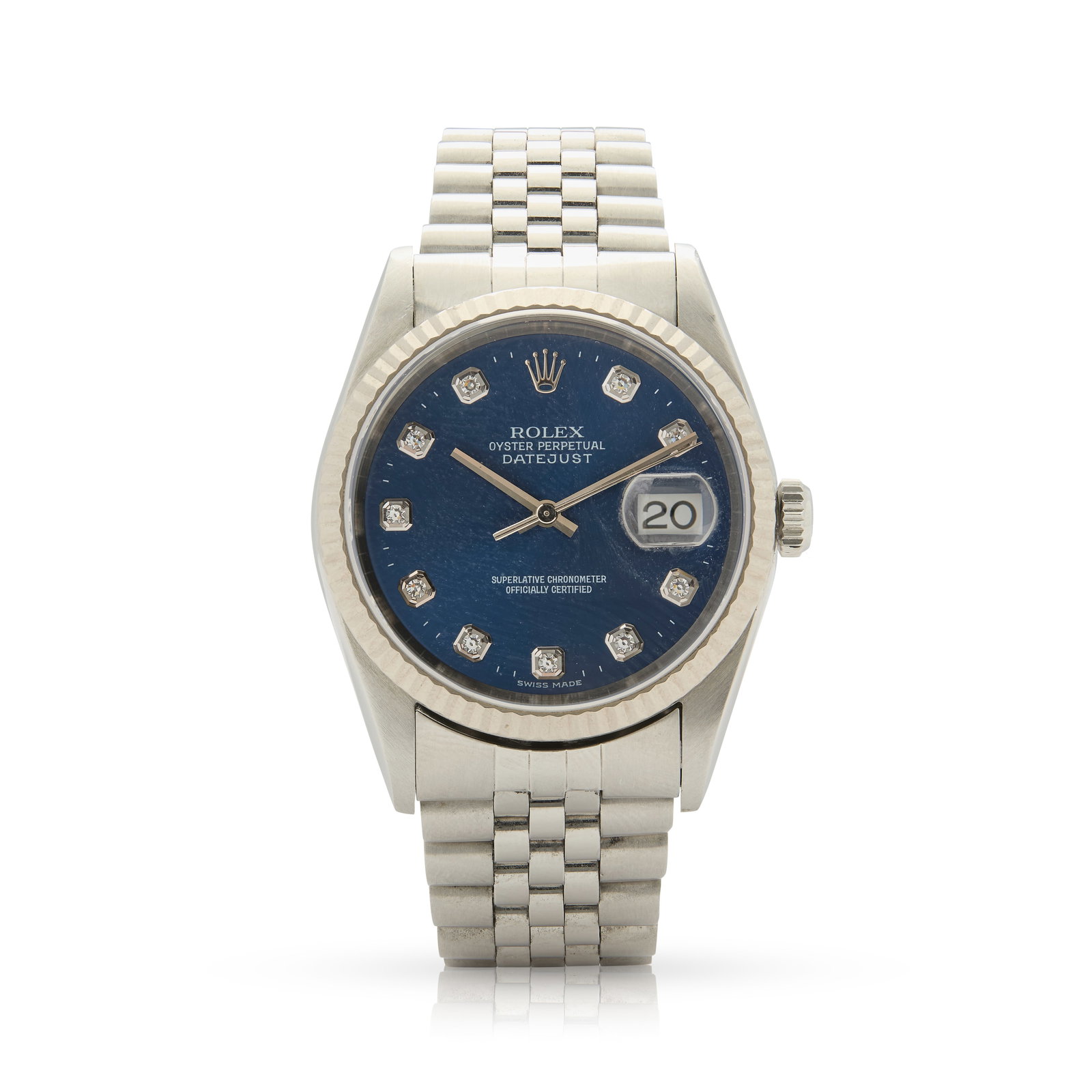 Rolex. A stainless steel and white gold automatic wristwatch with diamond-set dial: Rolex. A stainless steel and white gold automatic wristwatch with diamond-set dial Oyster Perpetual Datejust, Ref.12634, Case No.R677758, made circa 1988 Cal.3135 self-winding movement, dark blue dial