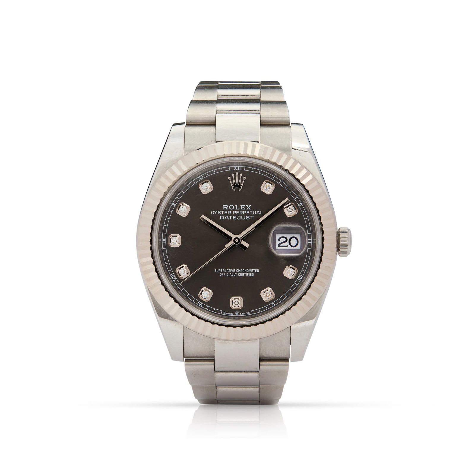 Rolex. A stainless steel and white gold automatic wristwatch with diamond-set dial: Rolex. A stainless steel and white gold automatic wristwatch with diamond-set dial Oyster Perpetual Datejust, Ref.126334, Case No.X00C1622, made circa 2020 Cal.3235 self-winding movement, slate colour
