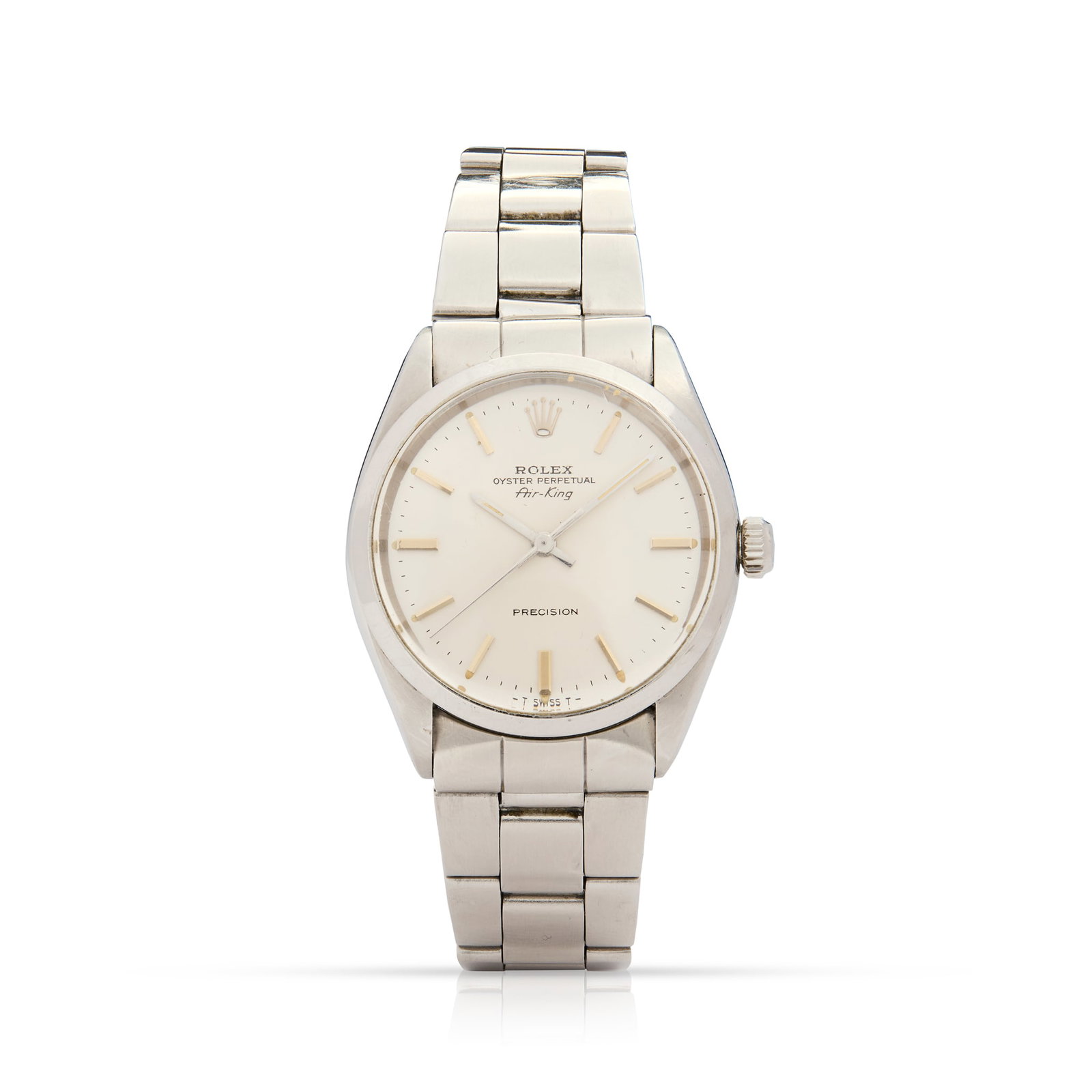 Rolex. A stainless steel automatic wristwatch: Rolex. A stainless steel automatic wristwatch Air-King Precision, Ref.5500, Case No.4121715, made circa 1976, sold in 1977 Cal.1520, self-winding 26 jewel movement, silvered dial with applied steel fa