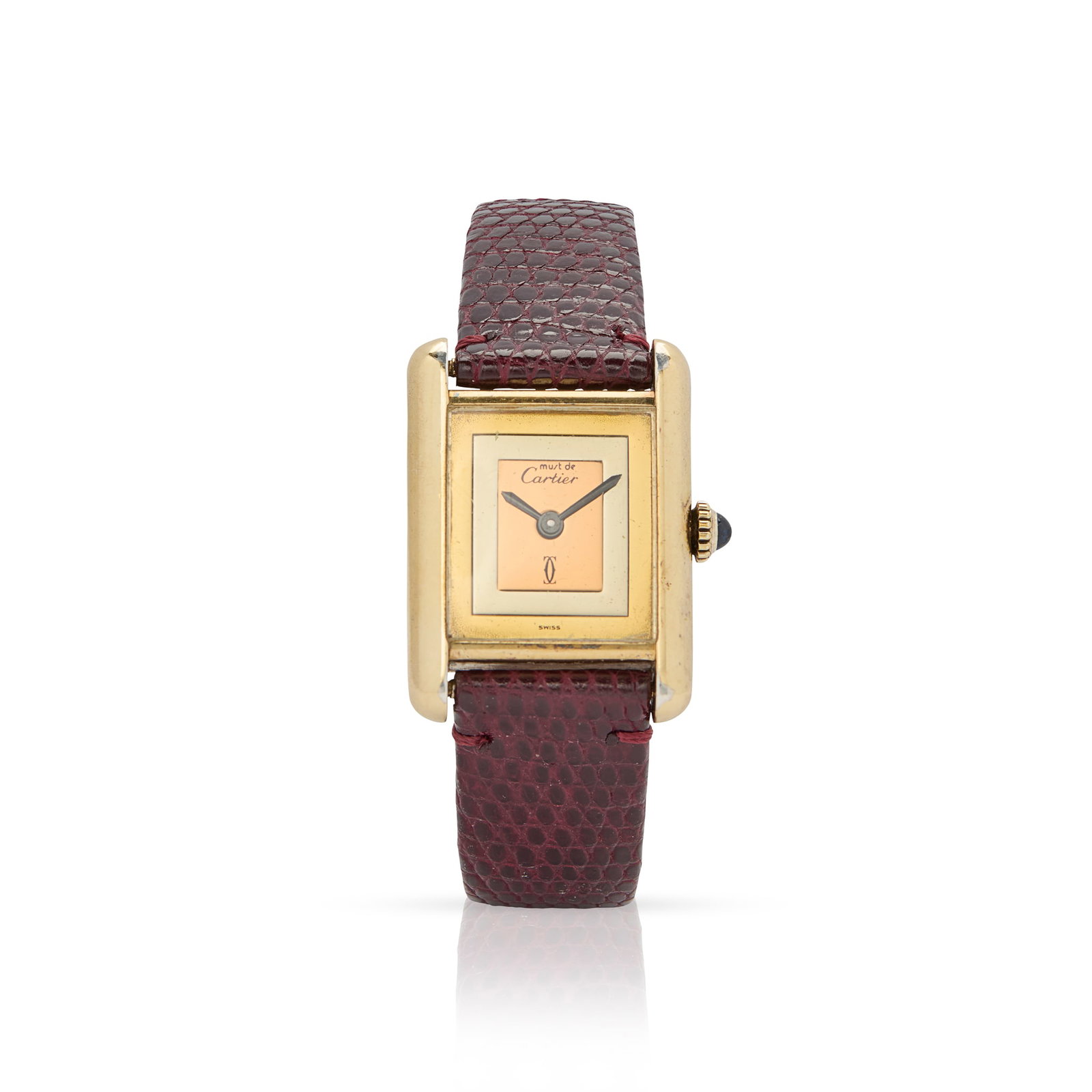Y Must de Cartier. A gold-plated silver rectangular mechanical wristwatch: Must de Cartier. A gold-plated silver rectangular mechanical wristwatch Tank, Case No.3 173444, made in the 1980s Cal.78-1 hand-wound 17 jewel movement, tri-colour dial with blued steel sword hands, r