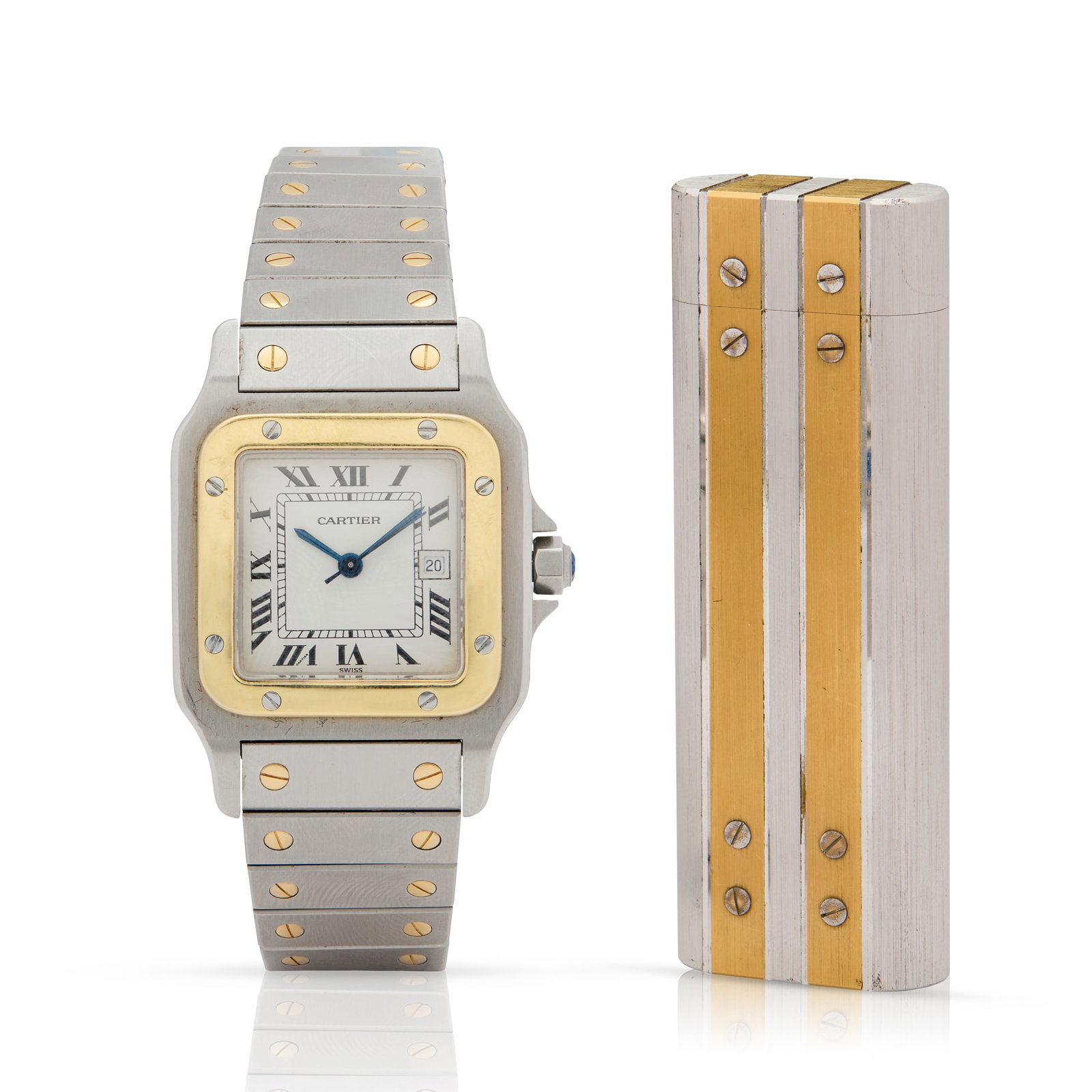 Cartier. A stainless steel and gold automatic bracelet watch and lighter (1 of 1)
