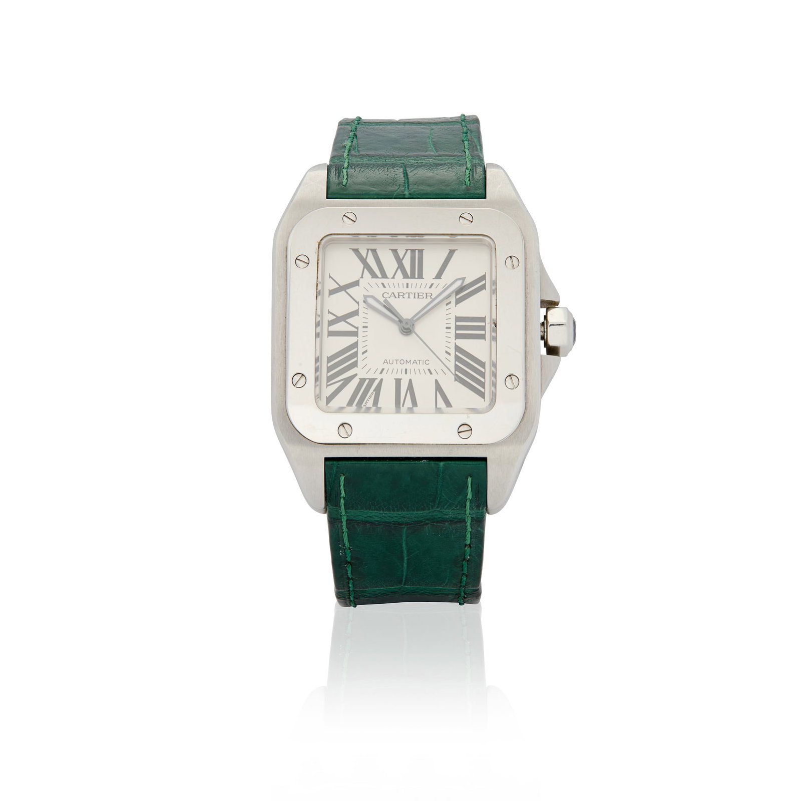 Y Cartier. A large anniversary edition stainless steel automatic wristwatch: Cartier. A large anniversary edition stainless steel automatic wristwatch Santos 100 XL, Ref.2656, Case No.736512CE, made circa 2004 Cal.049 self-winding movement, silvered dial with Roman numerals, i