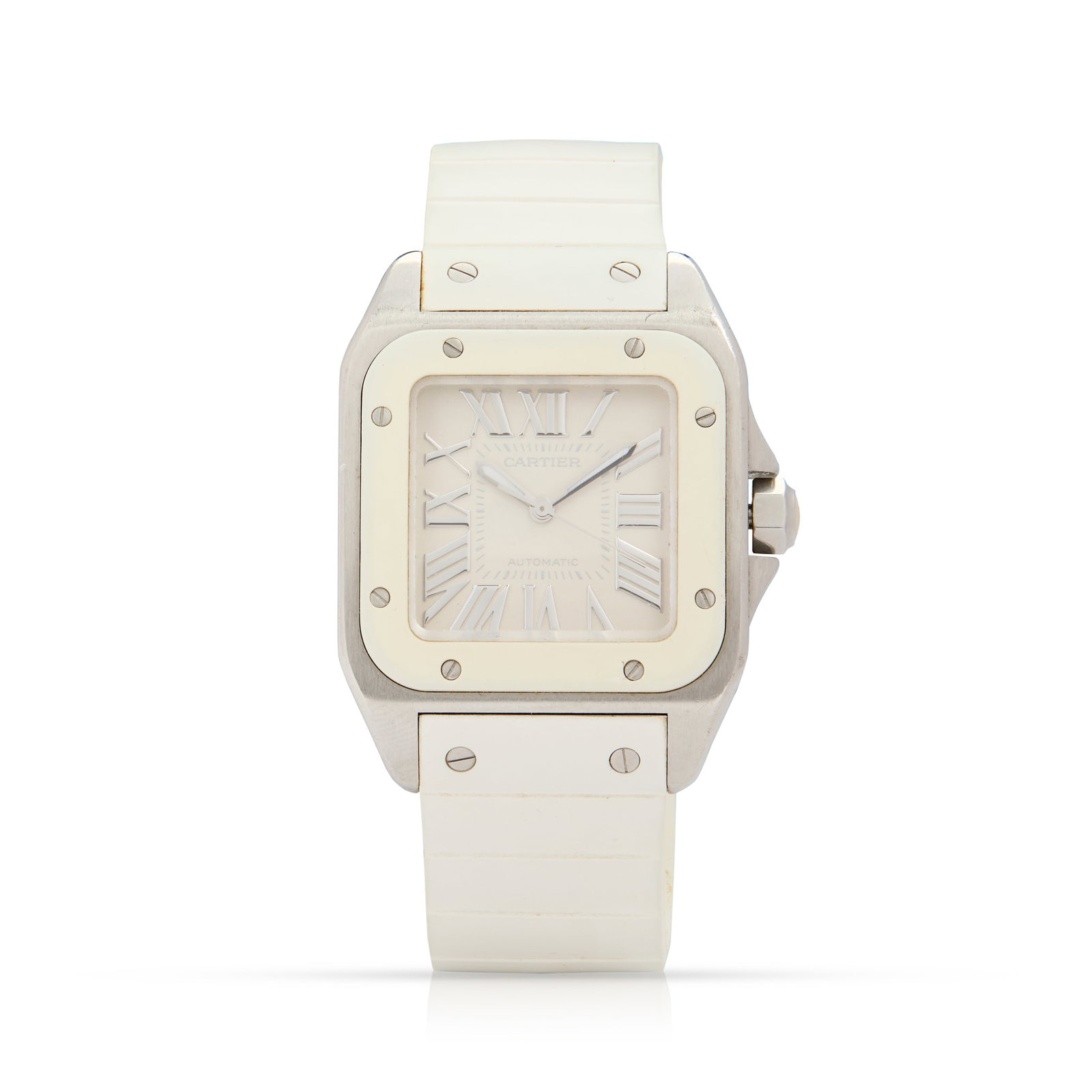 Cartier. A stainless steel and white rubber automatic wristwatch: Cartier. A stainless steel and white rubber automatic wristwatch Santos 100, Ref.2878, Case No.206974MX, made circa 2008 Self-winding movement, white dial with applied steel Roman numerals, inner minu