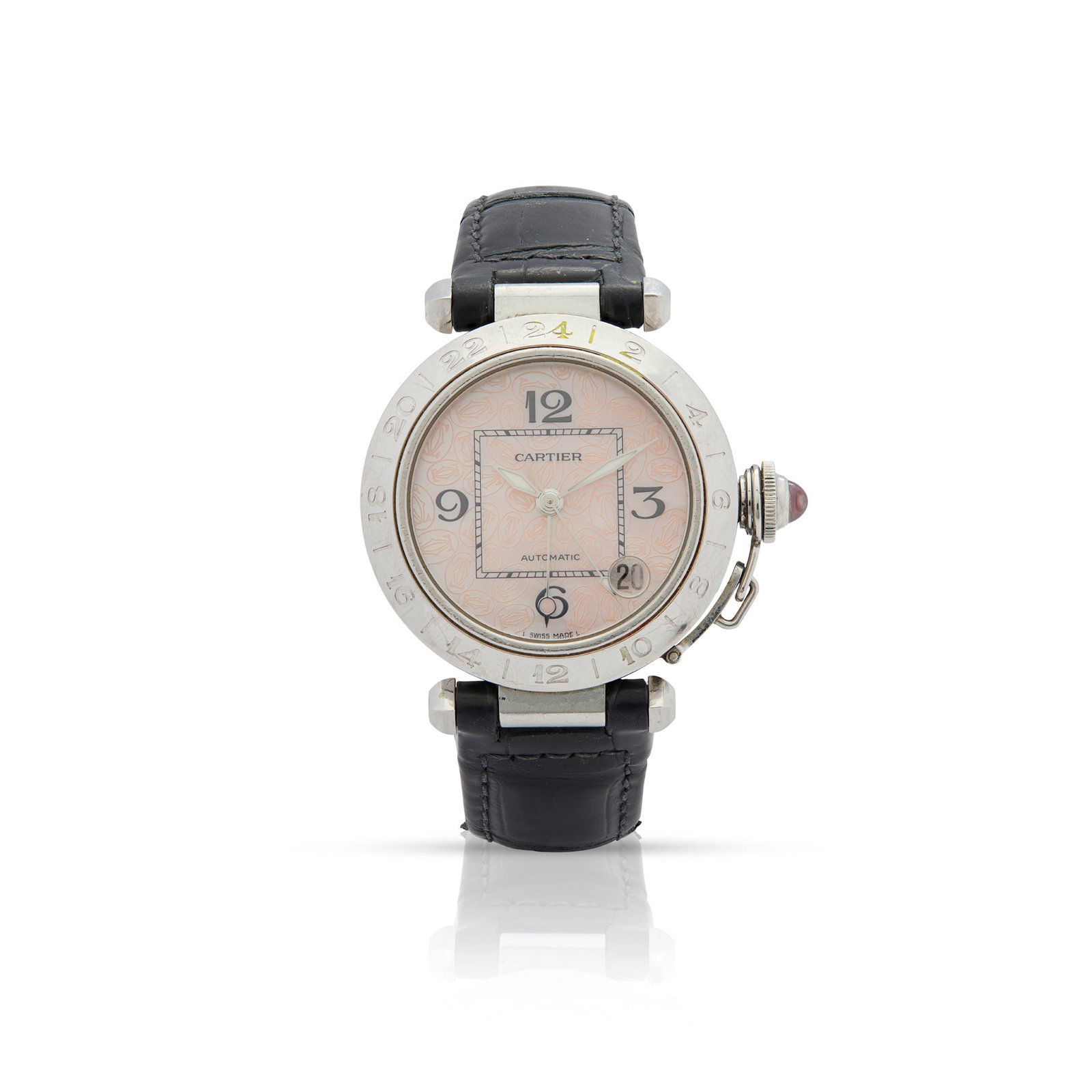 Y Cartier. A stainless steel automatic dual time-zone wristwatch with pink mother-of-pearl dial: Cartier. A stainless steel automatic dual time-zone wristwatch with pink mother-of-pearl dial Pasha, Ref.2377 Case No.838411UF, made in the 2000s Self-winding movement, pink mother-of-pearl dial with 