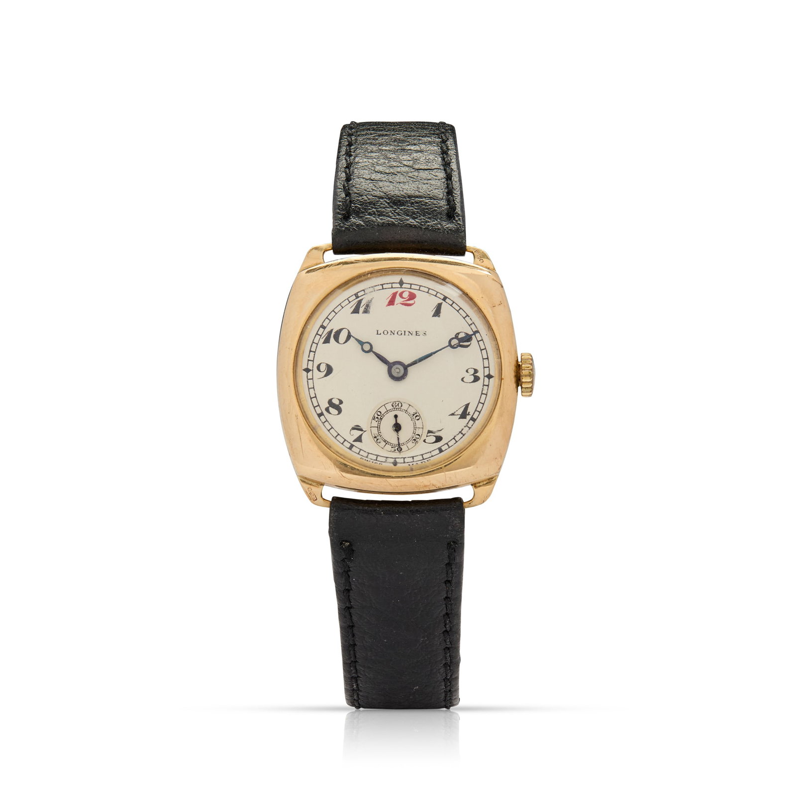 Longines. A 9k gold cushion-shape mechanical wristwatch (1 of 1)