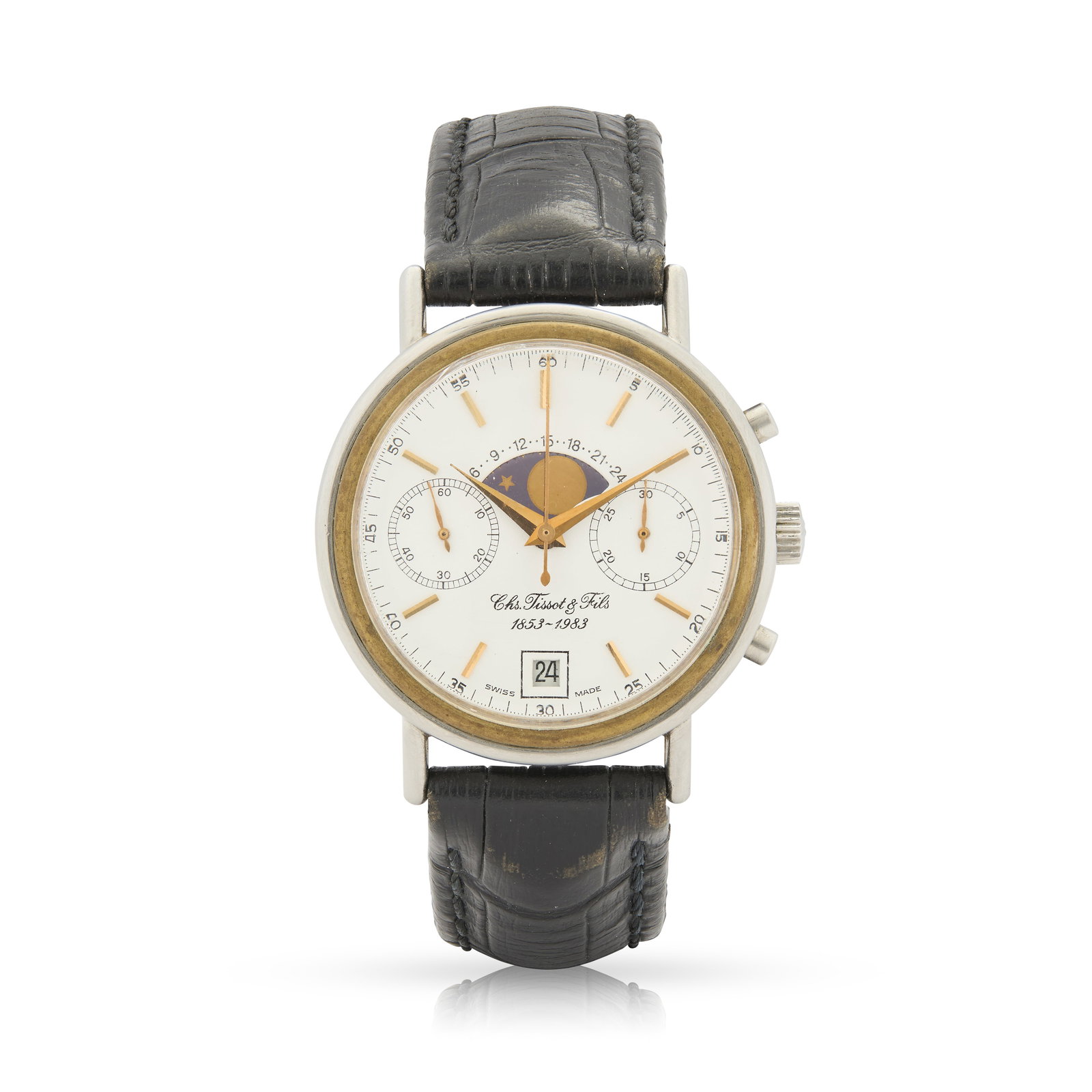 Y Tissot. A stainless steel anniversary-edition mechanical chronograph wristwatch with lunar phases: Tissot. A stainless steel anniversary-edition mechanical chronograph wristwatch with lunar phases Case No.41005, made circa 1983 Cal.7734 hand-wound 17 jewel movement, white dial with applied gilt bat