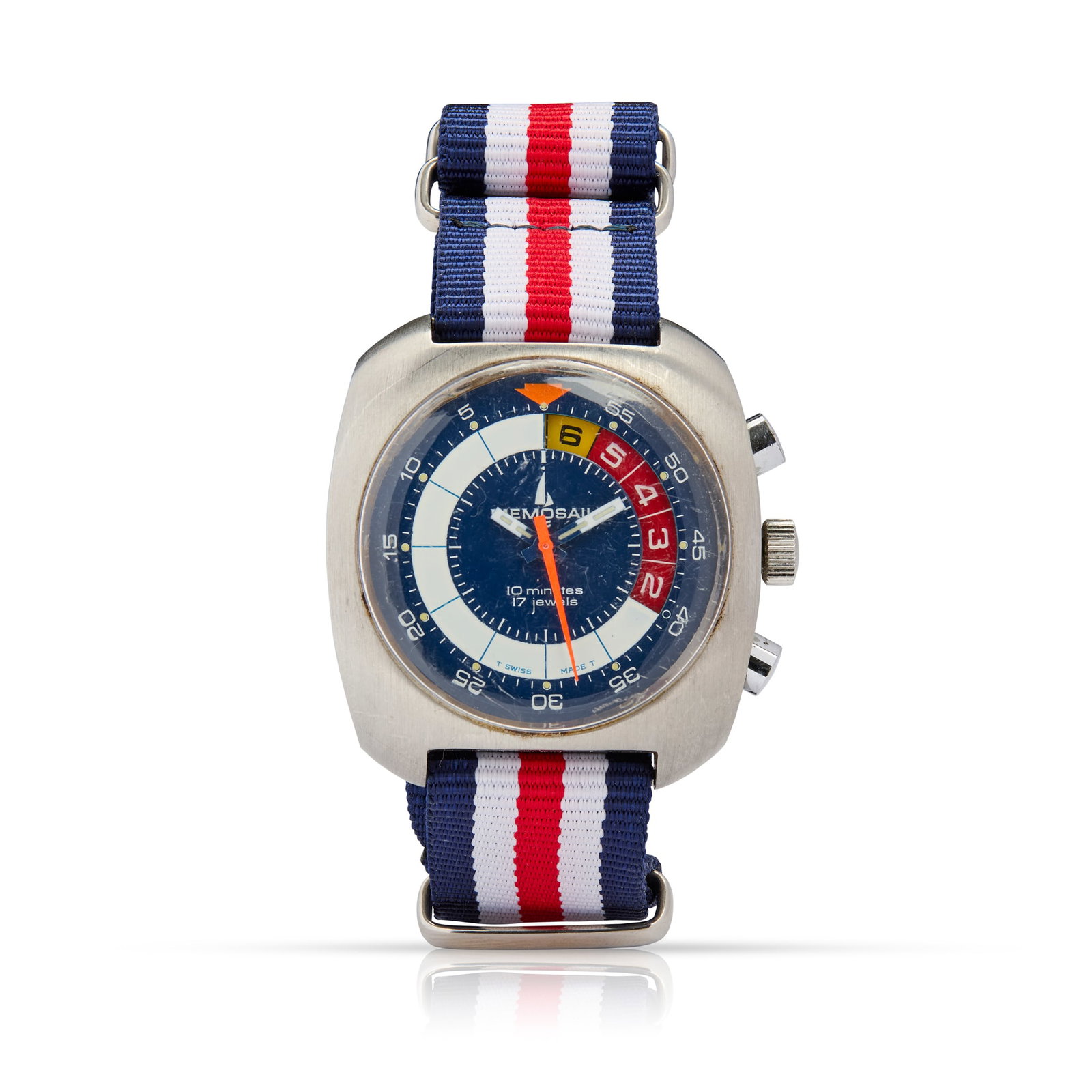 MemoSail. An unusual stainless steel wristwatch with 10 minute count-down timer: MemoSail. An unusual stainless steel wristwatch with 10 minute count-down timer Regata Series 2, circa 1970s Valjoux Cal.7737 manually wound 17 jewel movement, blue dial with outer white minute numera