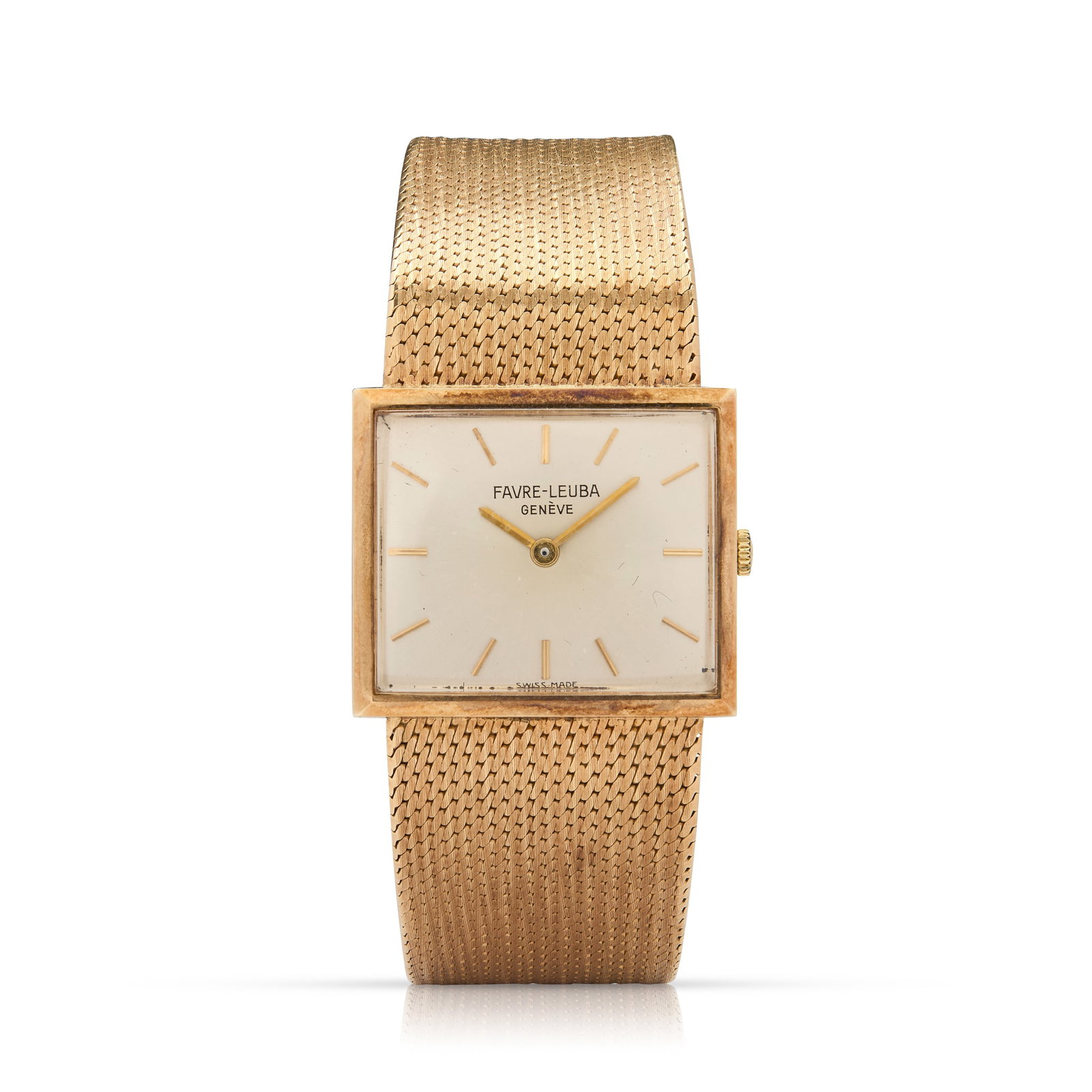 Favre-Leuba. A 9k gold rectangular mechanical bracelet watch: Favre-Leuba. A 9k gold rectangular mechanical bracelet watch Case No.80625/22, Edinburgh import hallmark for 1966 Cal.272 hand-wound movement, silvered dial with applied baton indexes, baton hands, 9k