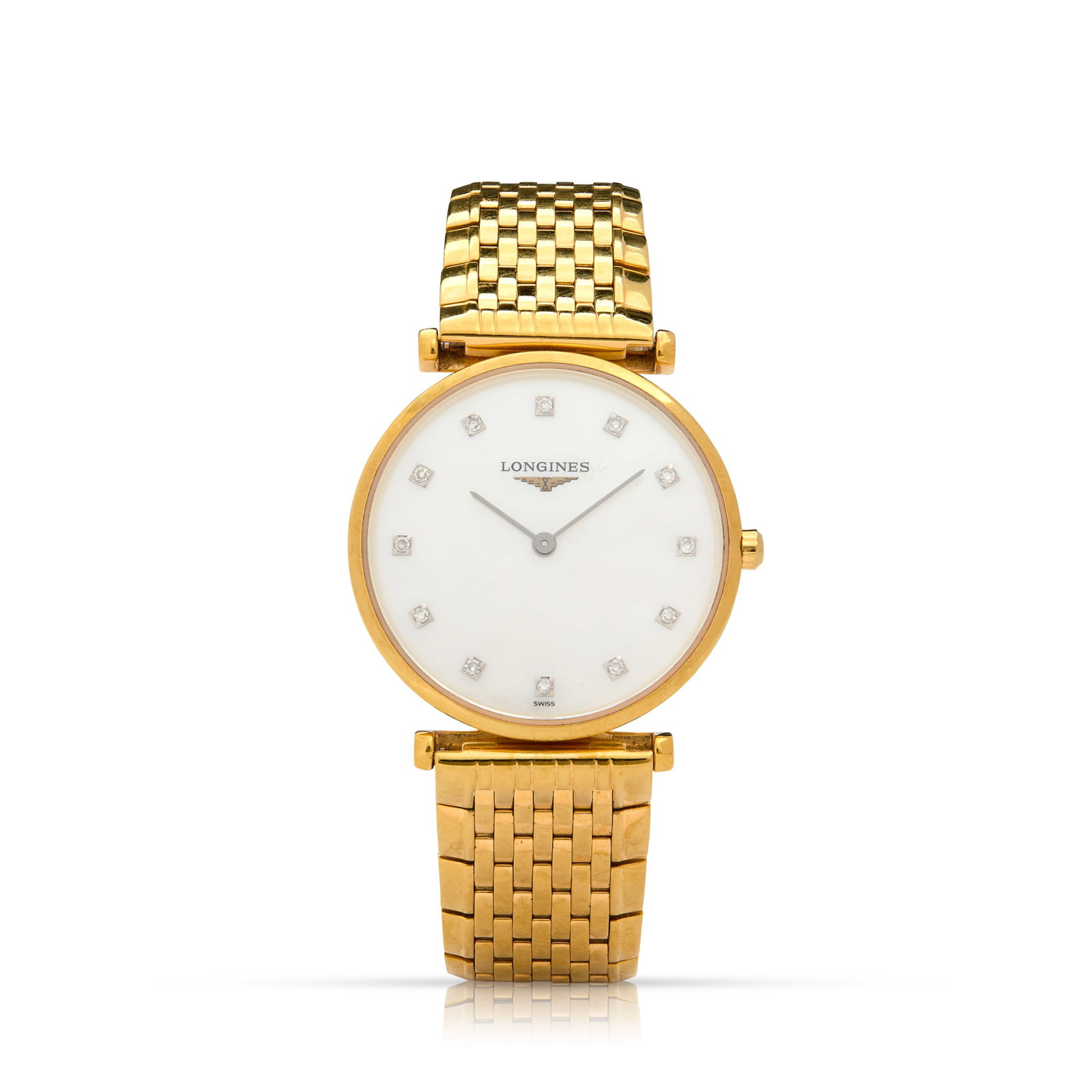 Longines. A gold-plated quartz bracelet watch with diamond-set mother-of-pearl dial: Longines. A gold-plated quartz bracelet watch with diamond-set mother-of-pearl dial Le Grande Classique, Ref. L4.512.2, Case No.43965252, made circa 2016 Quartz movement, mother-of-pearl dial with dia