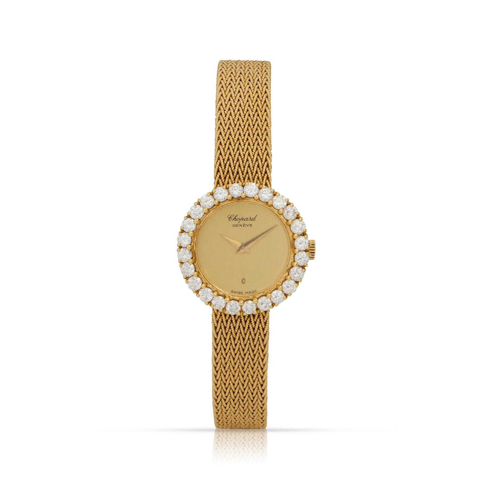 Chopard. A fine 18k yellow gold and diamond-set quartz bracelet watch: Chopard. A fine 18k yellow gold and diamond-set quartz bracelet watch L.U.C. Ref.171054, Case No.4046, made in the 1980s Quartz movement, champagne dial, dauphine hands, 18k yellow gold circular case 