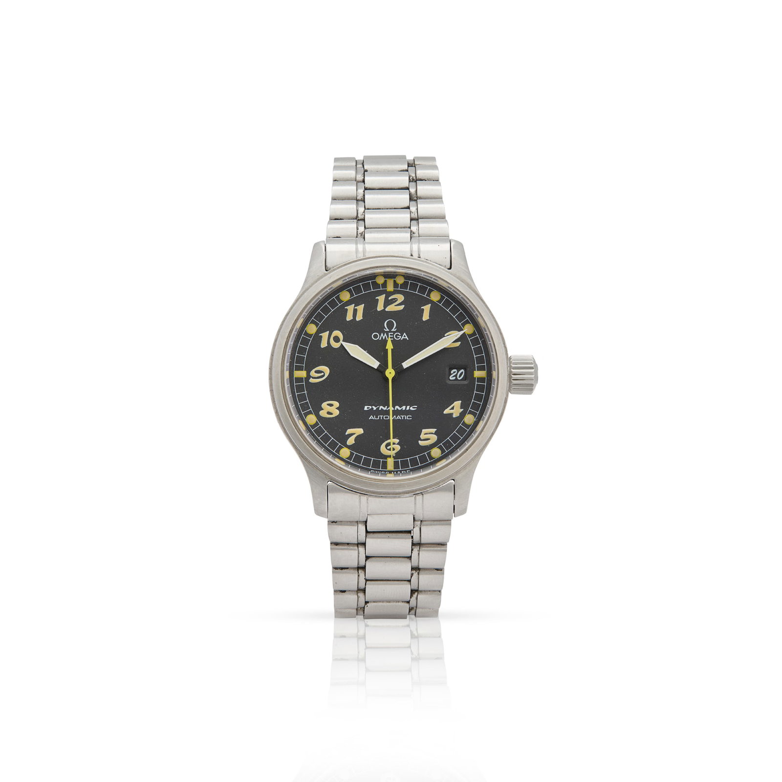 Omega. A stainless steel automatic wristwatch with date: Omega. A stainless steel automatic wristwatch with date Dynamic, Ref.5200.50, Case No.55705165, made circa 1997 Cal.1108 self-winding movement, matt black dial with yellow numerals, outer luminous dot