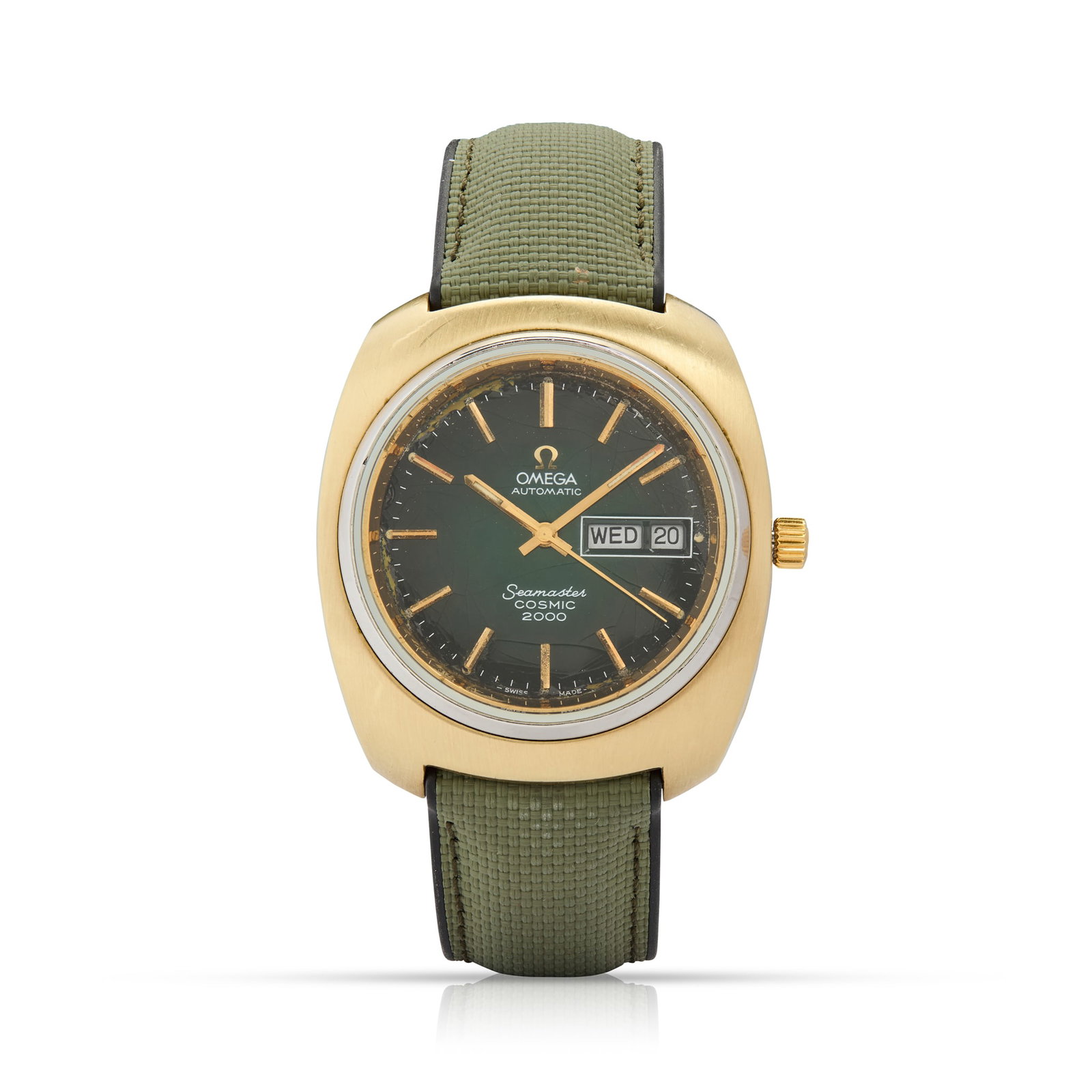 Omega. An unusual stainless steel and gold-shell automatic wristwatch with day and date: Omega. An unusual stainless steel and gold-shell automatic wristwatch with day and date Seamaster Cosmic 2000, Ref.166.131, made circa 1975 Cal.1022 self-winding 23 jewel movement, lacquered dark gree