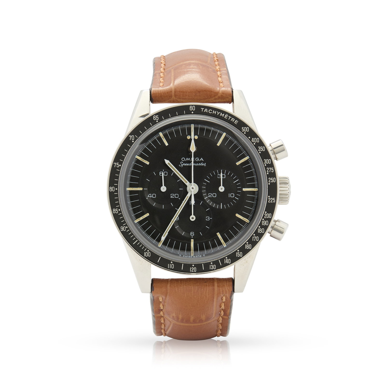Omega. A rare stainless steel mechanical chronograph wristwatch: Omega. A rare stainless steel mechanical chronograph wristwatch Speedmaster 'Ed White' Ref. ST105.003-65, Case No.25446494, made in 1967 Cal.321 hand-wound movement, black dial with tritium baton inde