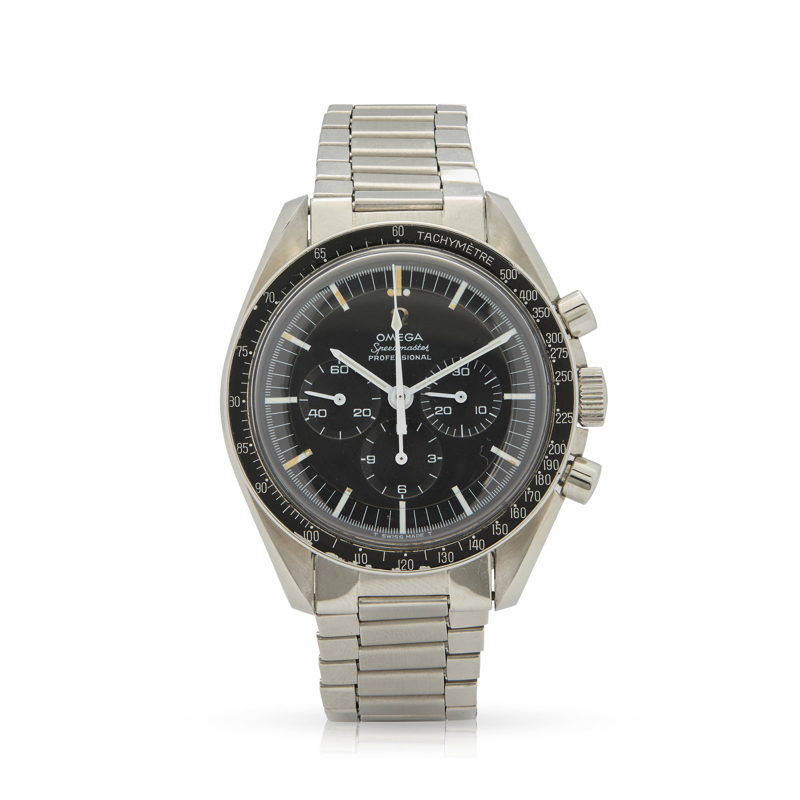 Omega. A stainless steel mechanical chronograph wristwatch: Omega. A stainless steel mechanical chronograph wristwatch Speedmaster Professional, Ref.145.012-67, Movement No.26543808, made circa 1967 Cal.321 hand-wound movement, white baton indexes, outer minut