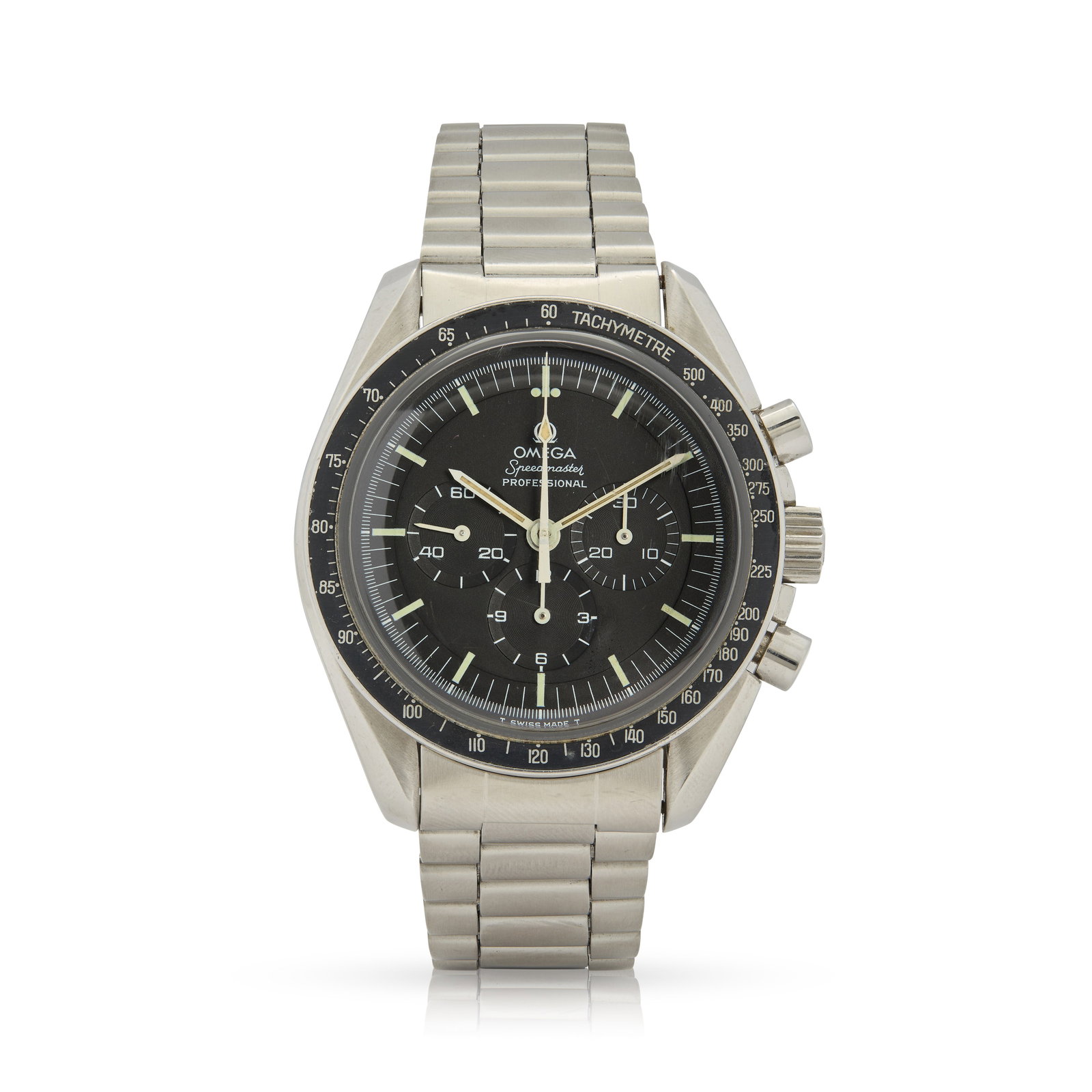 Omega. A stainless steel mechanical chronograph wristwatch: Omega. A stainless steel mechanical chronograph wristwatch Speedmaster - Straight-writing, Ref.145.022-69ST Movement No.32845627, made circa 1969 Cal.861 hand-wound movement, back dial with tritium ba