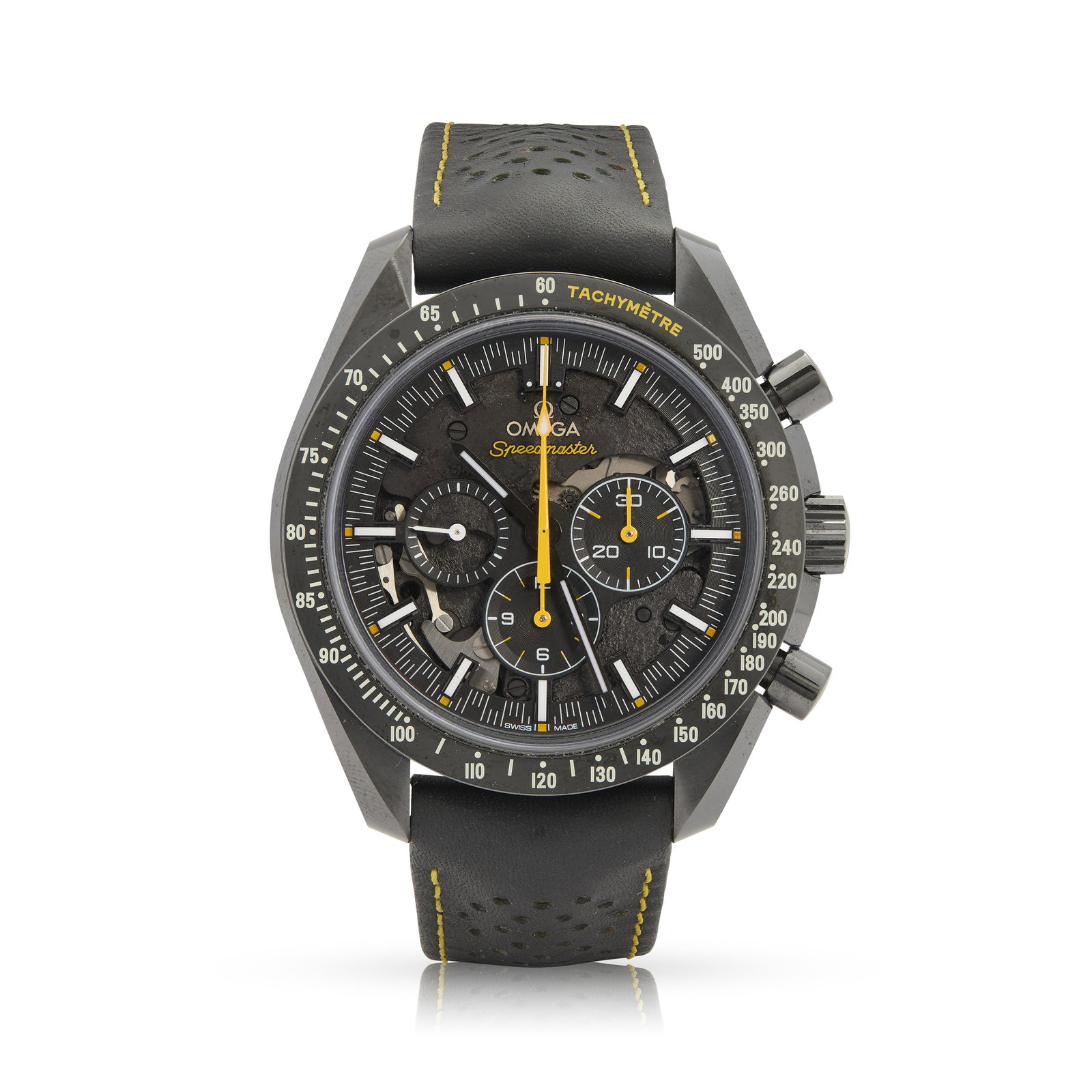 Omega. A ceramic special-edition semi-skeletonised mechanical chronograph wristwatch: Omega. A ceramic special-edition semi-skeletonised mechanical chronograph wristwatch Speedmaster Apollo 8 'Dark Side of the Moon' Ref.311.92.44.300.01.001, Case No.78861116, made circa 2020 Cal.1869 h