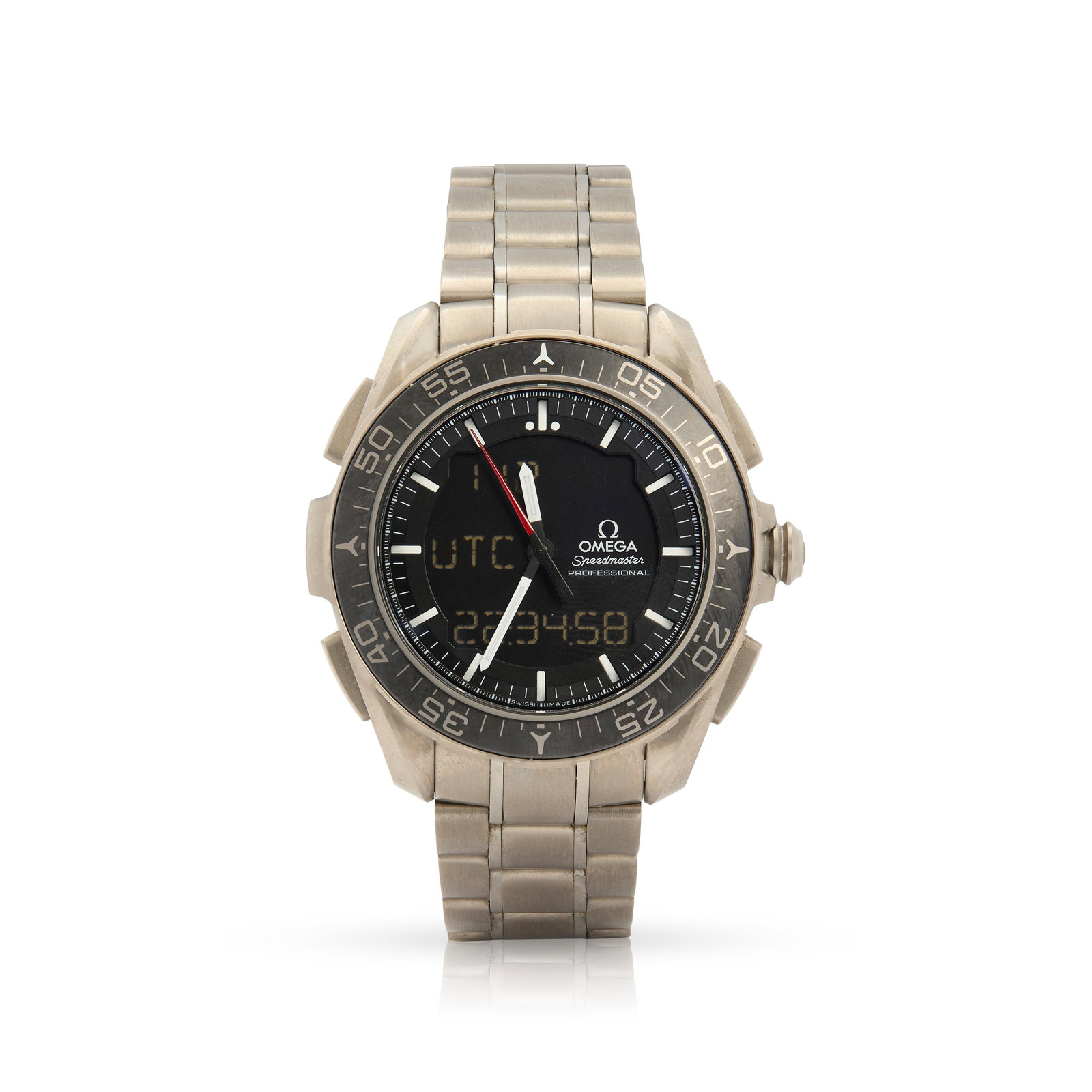 Omega. A titanium quartz analogue/LCD wristwatch with alarm and multiple time-zones: Omega. A titanium quartz analogue/LCD wristwatch with alarm and multiple time-zones Speedmaster X-33 Skywalker, Ref.318.90.45.79.01.001, Case no. 93087715, made circa 2020 Cal.5619 quartz movement, bl