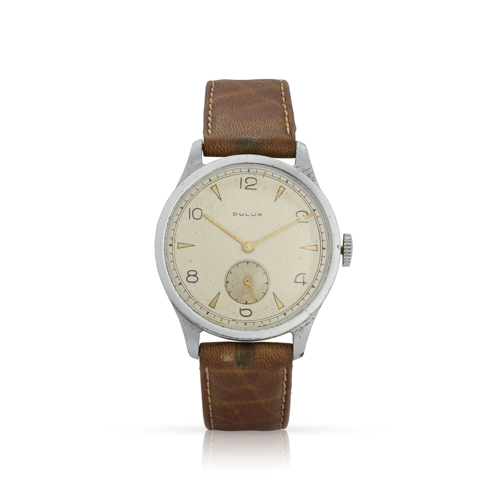 Dulux. A nickel-plated brass and steel mechanical wristwatch: Dulux. A nickel-plated brass and steel mechanical wristwatch Swiss movement, 1940s Hand-wound 15 jewel movement, silvered dial with alternate numerals and gilt mirrored indexes, subsidiary seconds dia