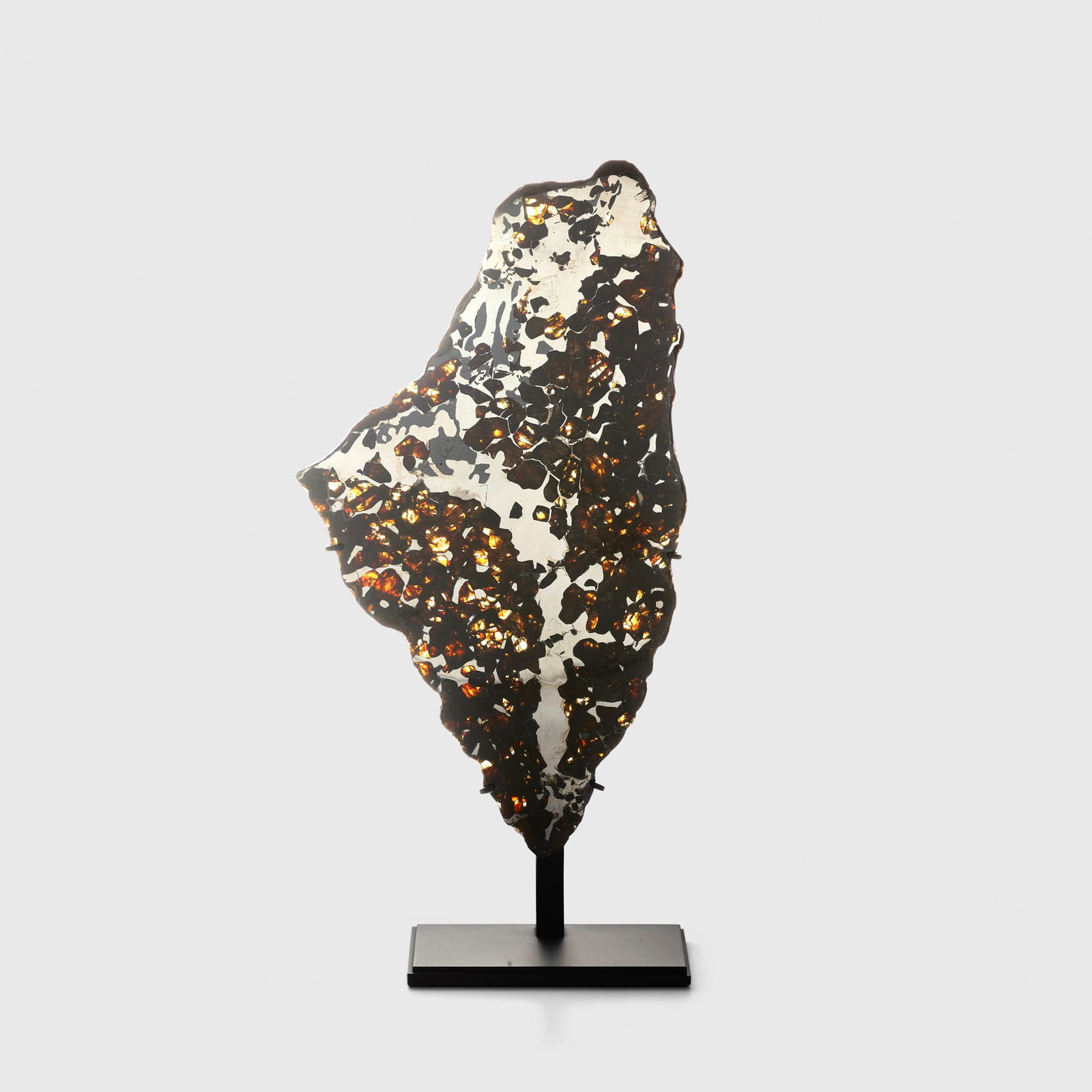 PALLASITE METEORITE CROSS SECTION SLICE: PALLASITE METEORITE CROSS SECTION SLICE SEYMCHAN, MAGADAN DISTRICT, RUSSIA (62?54? N, 152?26? E), FORMED 4.56 BILLION YEARS B.P. the slice with olivine crystals suspended within the metal matrix and e