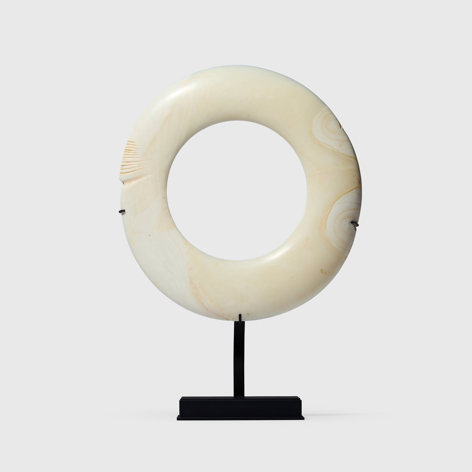 BOIKEN SHELL RING CURRENCY: BOIKEN SHELL RING CURRENCY EAST SEPIK PROVINCE, PAPUA NEW GUINEA carved and polished shell, worked into a ring, with carved notches to one side, raised on a bespoke mount 25.2cm diameter