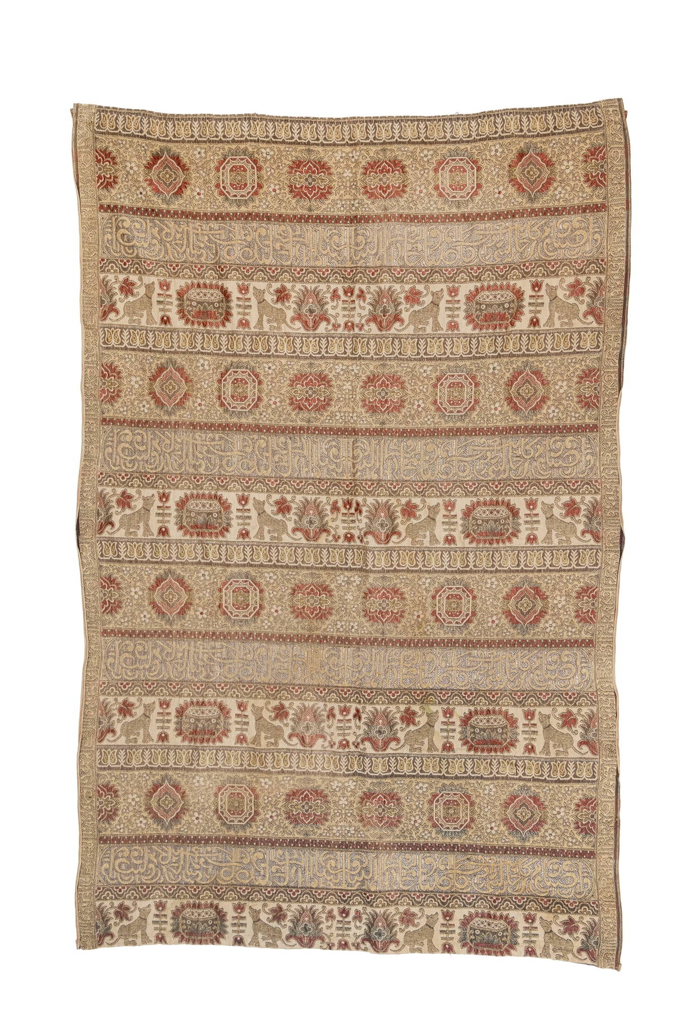 AN HISPANO-MORESQUE REVIVAL TAPESTRY: AN HISPANO-MORESQUE REVIVAL TAPESTRY SPAIN, ANDALUSIA, LATE 19TH CENTURY of rectangular form, the cream ground woven with red, yellow, brown and metal threads, forming repeat bands of continuous styli