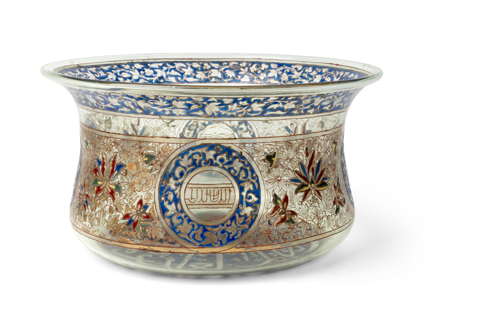A LARGE MAMLUK-STYLE ENAMELLED AND GILT GLASS BASIN (1 of 3)