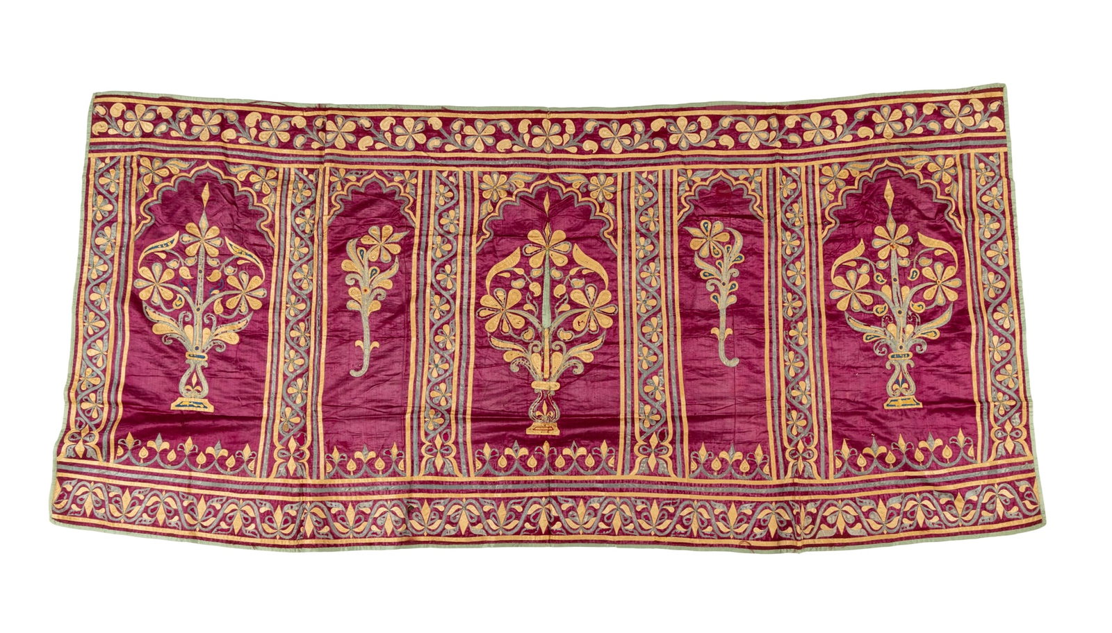 A RARE GROUP OF OTTOMAN SILK APPLIQUÉ TENT PANELS: A RARE GROUP OF OTTOMAN SILK APPLIQUÉ TENT PANELS TURKEY, 18TH CENTURY comprising six panels of various rectangular sizes, the burgundy silk ground applied and sewn with light silver-blue and yel