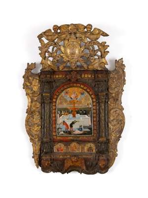 A RARE OTTOMAN-GREEK ICON MOUNTED IN AN 'EDIRNE' FRAME: A RARE OTTOMAN-GREEK ICON MOUNTED IN AN 'EDIRNE' FRAME TURKEY, ISTANBUL, 18TH CENTURY tempera on panel heightened in gold, holy figures look down from the heavens onto a life-giving spring, to the rea