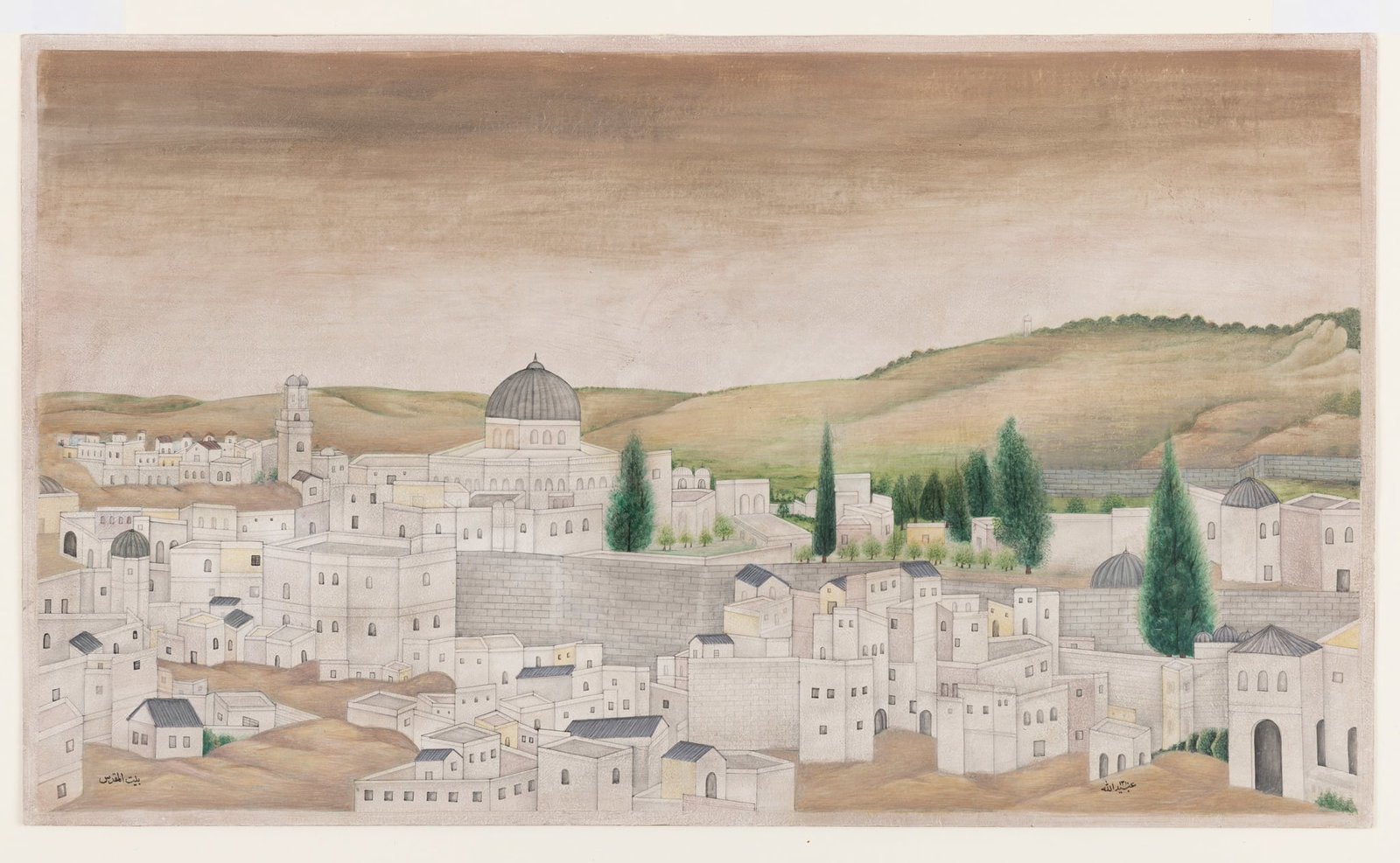 VIEW OF THE DOME OF THE ROCK, JERUSALEM: VIEW OF THE DOME OF THE ROCK, JERUSALEM BY UBAYD ALLAH, DATED 1892-3 gouache on paper, signed in Arabic “Ubayd Allah [A.H.] 1310' (1892-3 A.D.) in lower right (a name meaning servant of Go