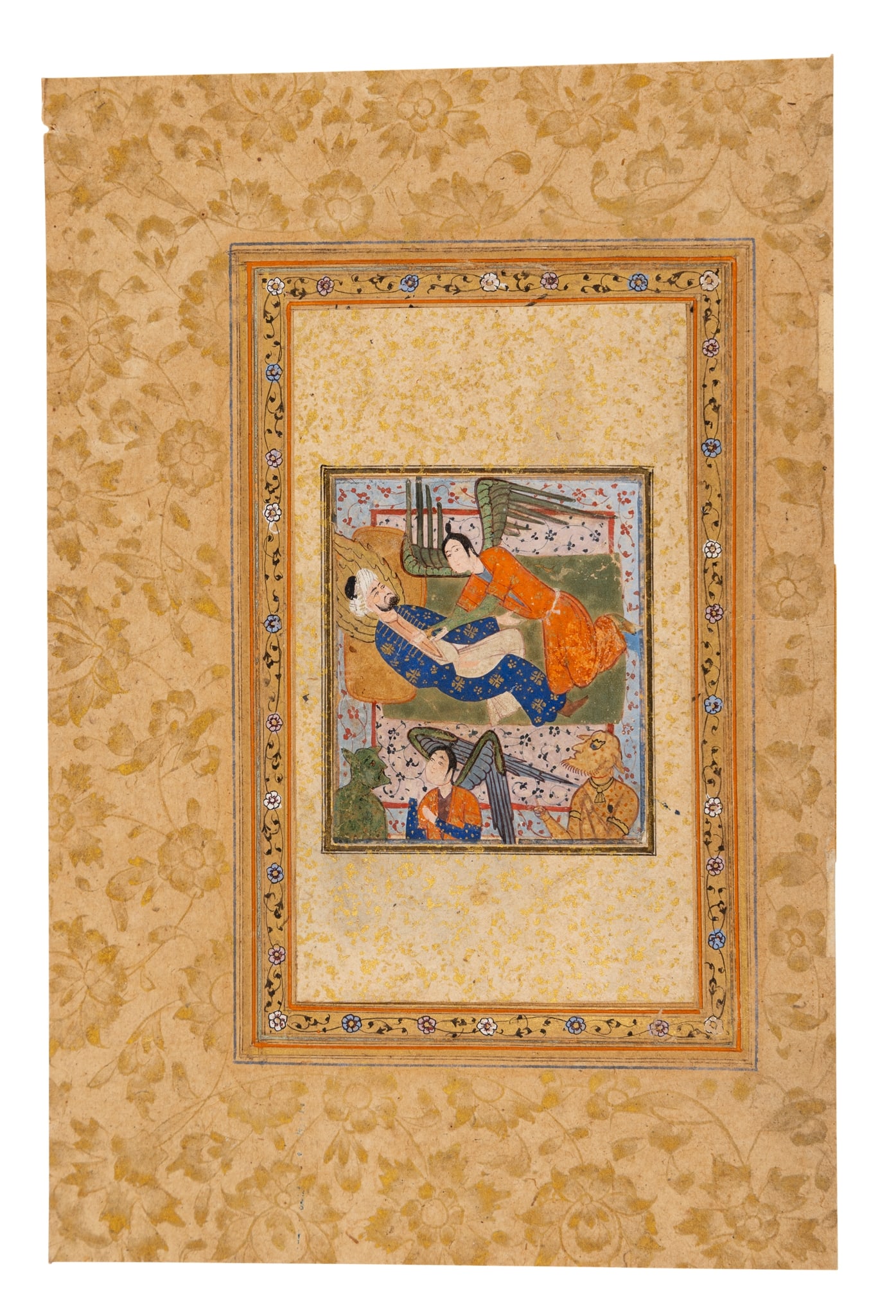 ‡ A SAFAVID ILLUSTRATION TO THE LIFE OF THE PROPHET: A SAFAVID ILLUSTRATION TO THE LIFE OF THE PROPHET PERSIA, SHIRAZ, CIRCA 1560-70 gouache and gold on paper, depicting a prophet dressed in a blue and gold robe and white turban, lying down with a flame