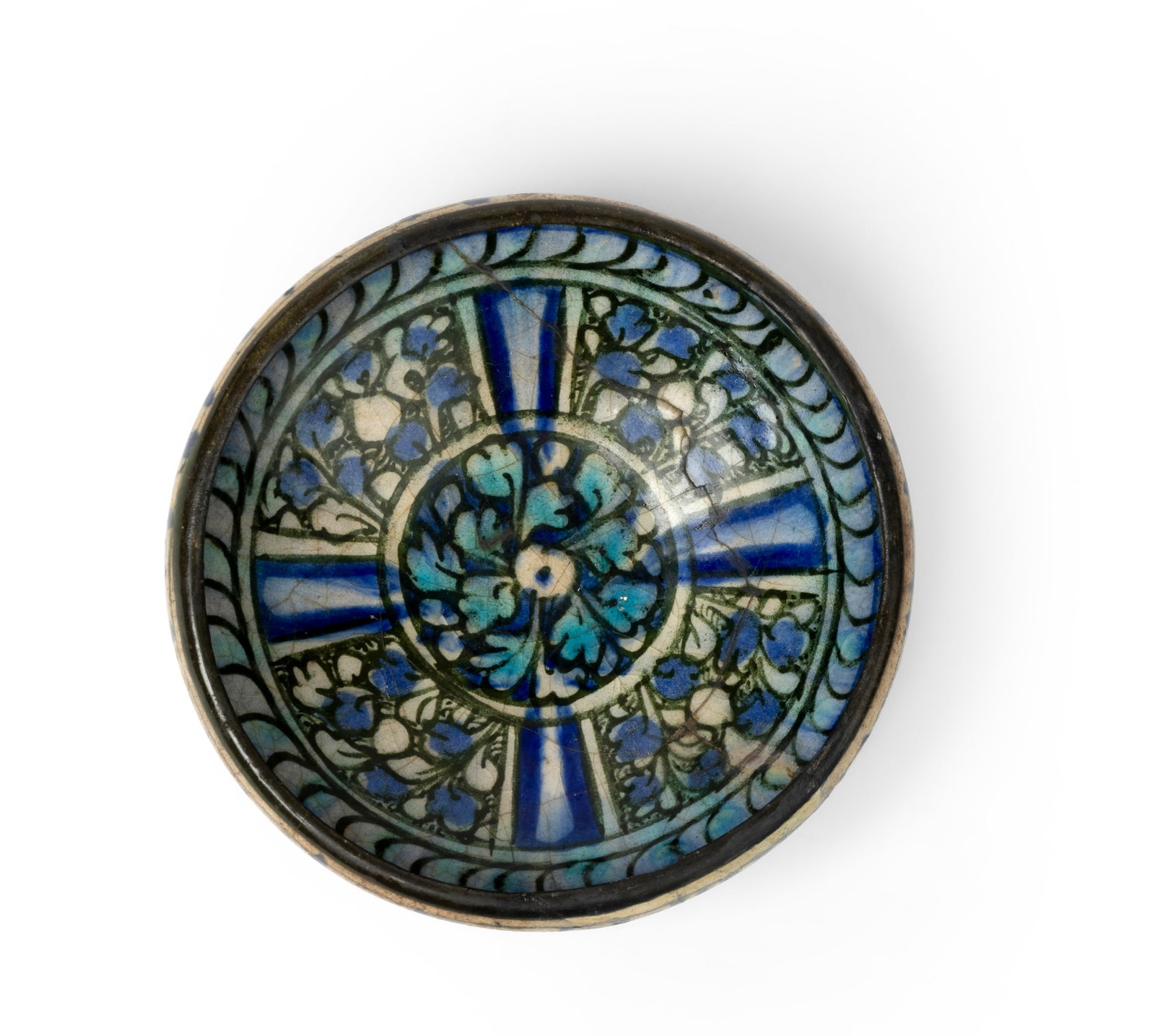 A SULTANABAD POTTERY BOWL: A SULTANABAD POTTERY BOWL PERSIA, 13TH/ 14TH CENTURY of conical form with inward rounded rim on a short ring-foot, decorated in blue and turquoise glaze with black outline, the decoration comprising a