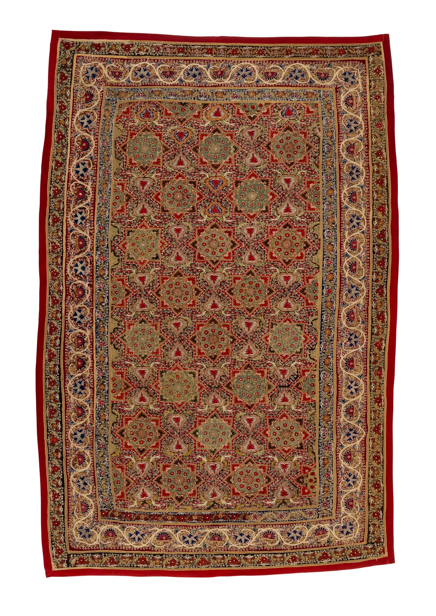 A QAJAR RESHT EMBROIDERED APPLIQUÉ WOOL PANEL: A QAJAR RESHT EMBROIDERED APPLIQUÉ WOOL PANEL PERSIA, CIRCA 1850 rectangular, the black, dark blue and red felt ground profusely embroidered in polychrome silks, the central panel with repeat tea