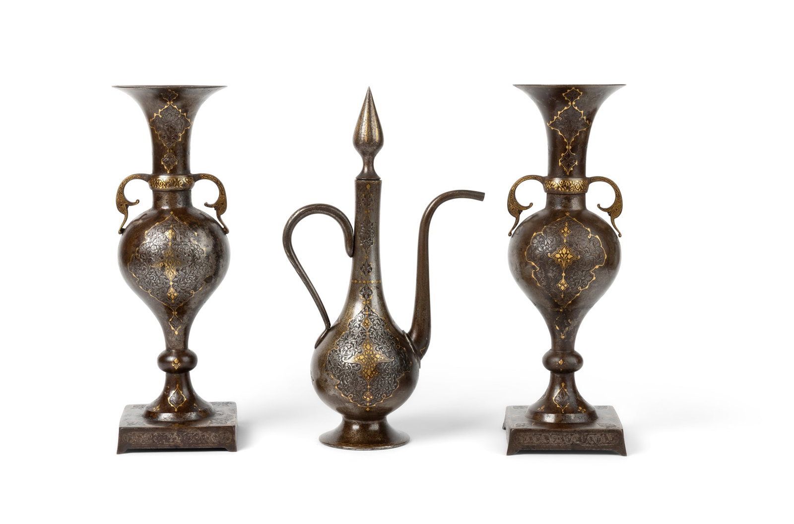 AN ELEGANT MATCHING SET OF QAJAR GOLD DAMASCENED STEEL VASES AND ONE EWER (1 of 2)