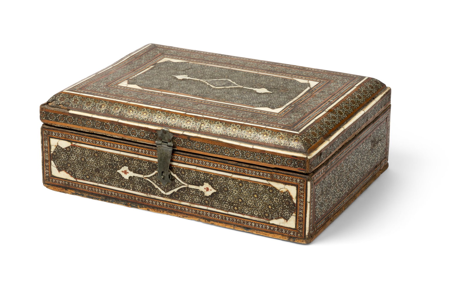 A QAJAR KHATAMKARI WORK BOX: A QAJAR KHATAMKARI WORK BOX PERSIA, 19TH CENTURY rectangular with hinged lid, all the surfaces inlaid with micro-mosaic segments of bone, brass and stained wood, forming geometric motifs including a s