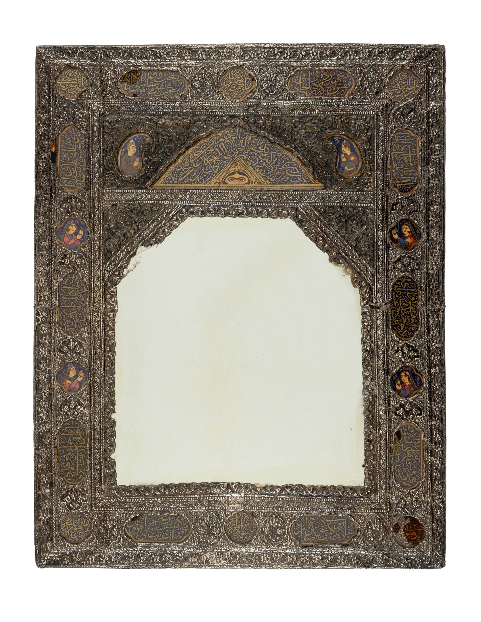 A QAJAR ENAMELLED SILVER REPOUSSÉ MIRROR: A QAJAR ENAMELLED SILVER REPOUSSÉ MIRROR PERSIA, 19TH CENTURY of rectangular form, the silver repoussé decoration forming repeat vegetal and geometric motifs, enclosing a band of lobed carto