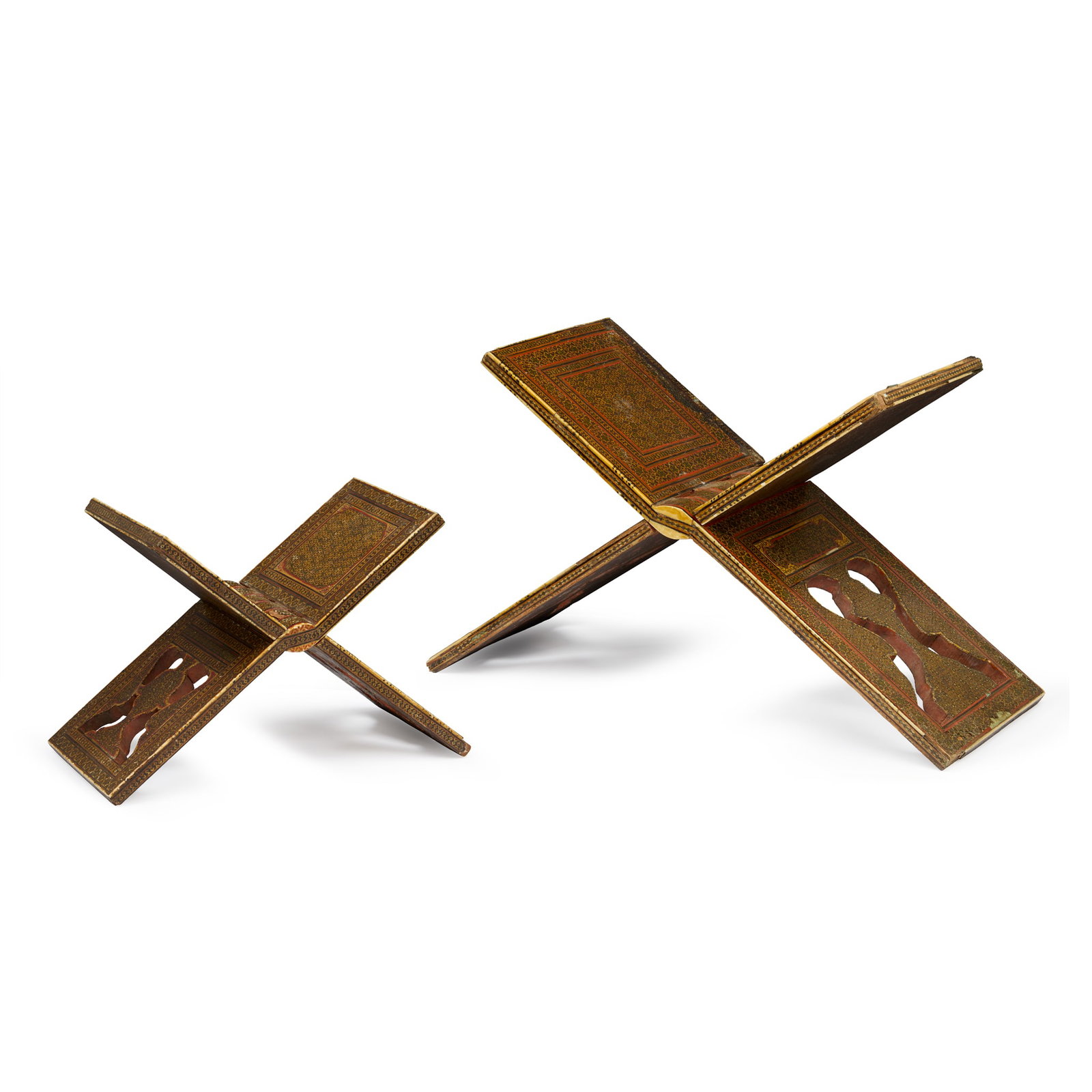 TWO QAJAR KHATAMKARI QUR'AN STANDS: TWO QAJAR KHATAMKARI QUR'AN STANDS PERSIA, 19TH CENTURY each of rectangular form opening up to an ‘x’ shape stand, profusely inlaid with micro-mosaic segments, including bone, copper and w