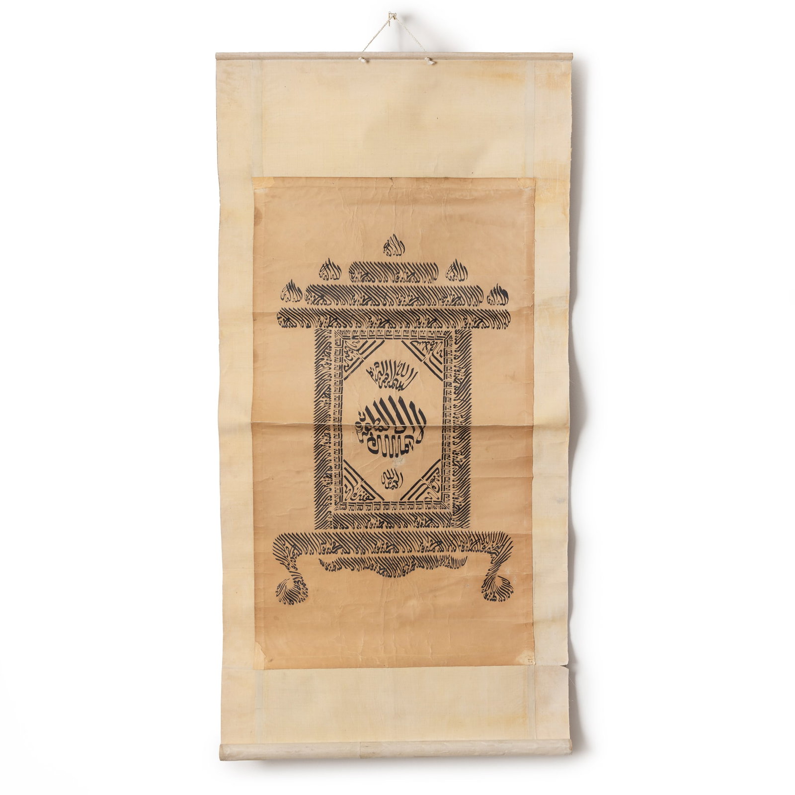 A SCROLL WITH STYLISED ARABIC CALLIGRAPHY: A SCROLL WITH STYLISED ARABIC CALLIGRAPHY CHINA, 18TH CENTURY black ink on paper, the shahhada repeated many times in black sini forming a mosque, laid down on paper 78.8cm x 44.5cm Acquired, Christie