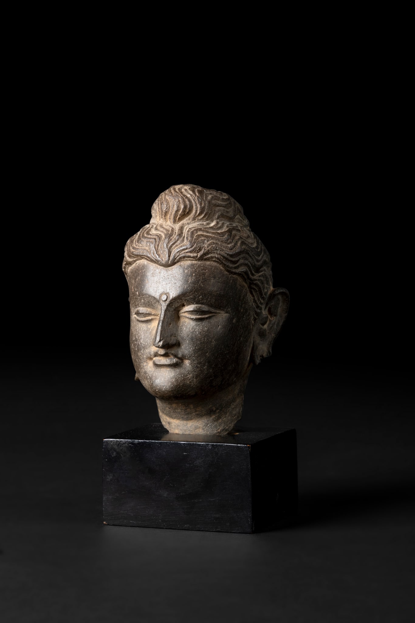 A FINE GRAY SCHIST HEAD OF BUDDHA: A FINE GRAY SCHIST HEAD OF BUDDHA NORTHWESTERN INDIA, GANDHARA, 2ND/ 3RD CENTURY very finely carved with gentle bow-shaped mouth, straight nose and almond shaped eyes, centered by a raised urna, long 