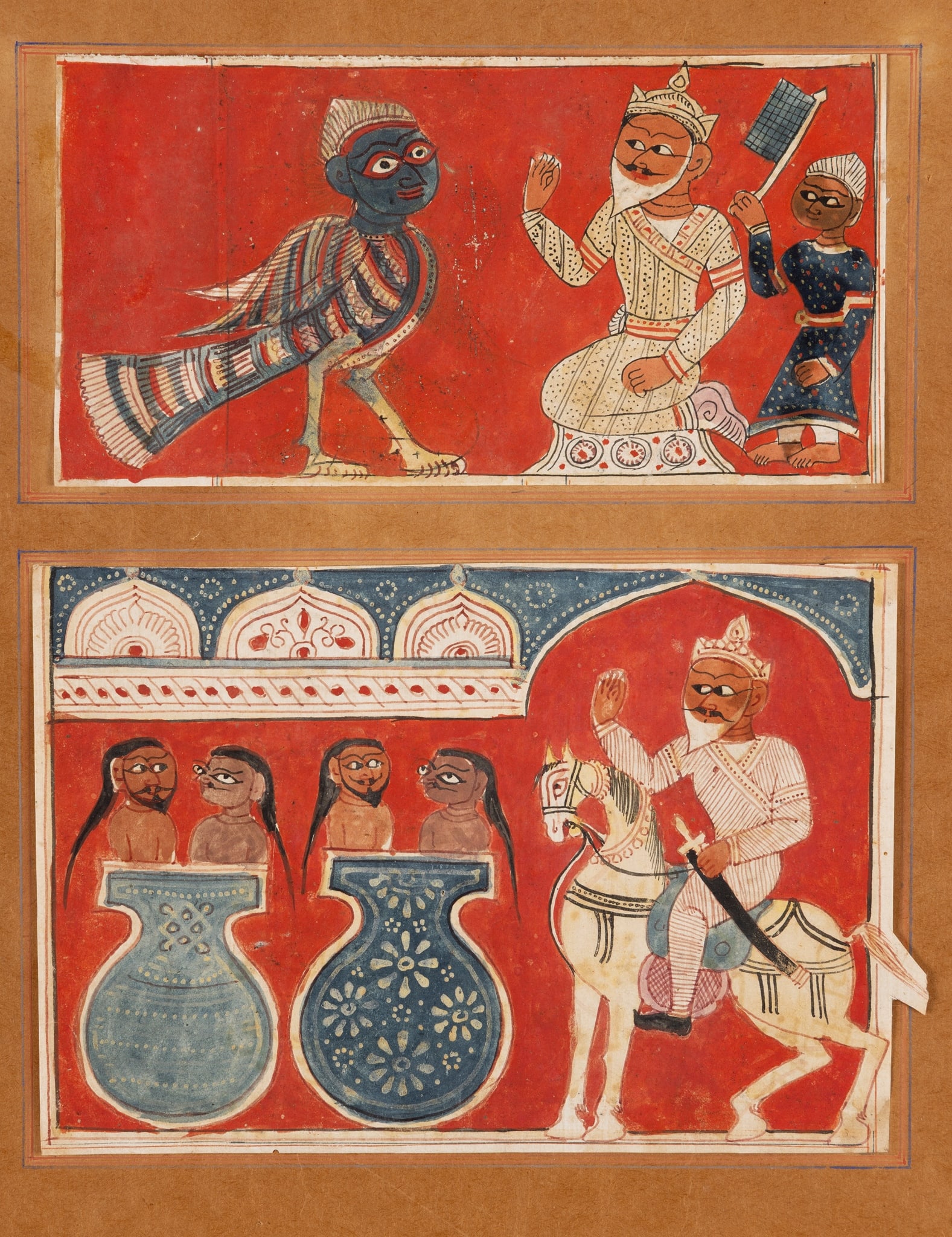 ‡ GROUP OF SIX SULTANATE ILLUSTRATIONS TO THE ISKANDARNAMA: GROUP OF SIX SULTANATE ILLUSTRATIONS TO THE ISKANDARNAMA NORTH INDIA, SULTANATE, CIRCA 1500 gouache on paper cut down from a manuscript laid down on brown paper, the scenes depict a) Alexander meets a