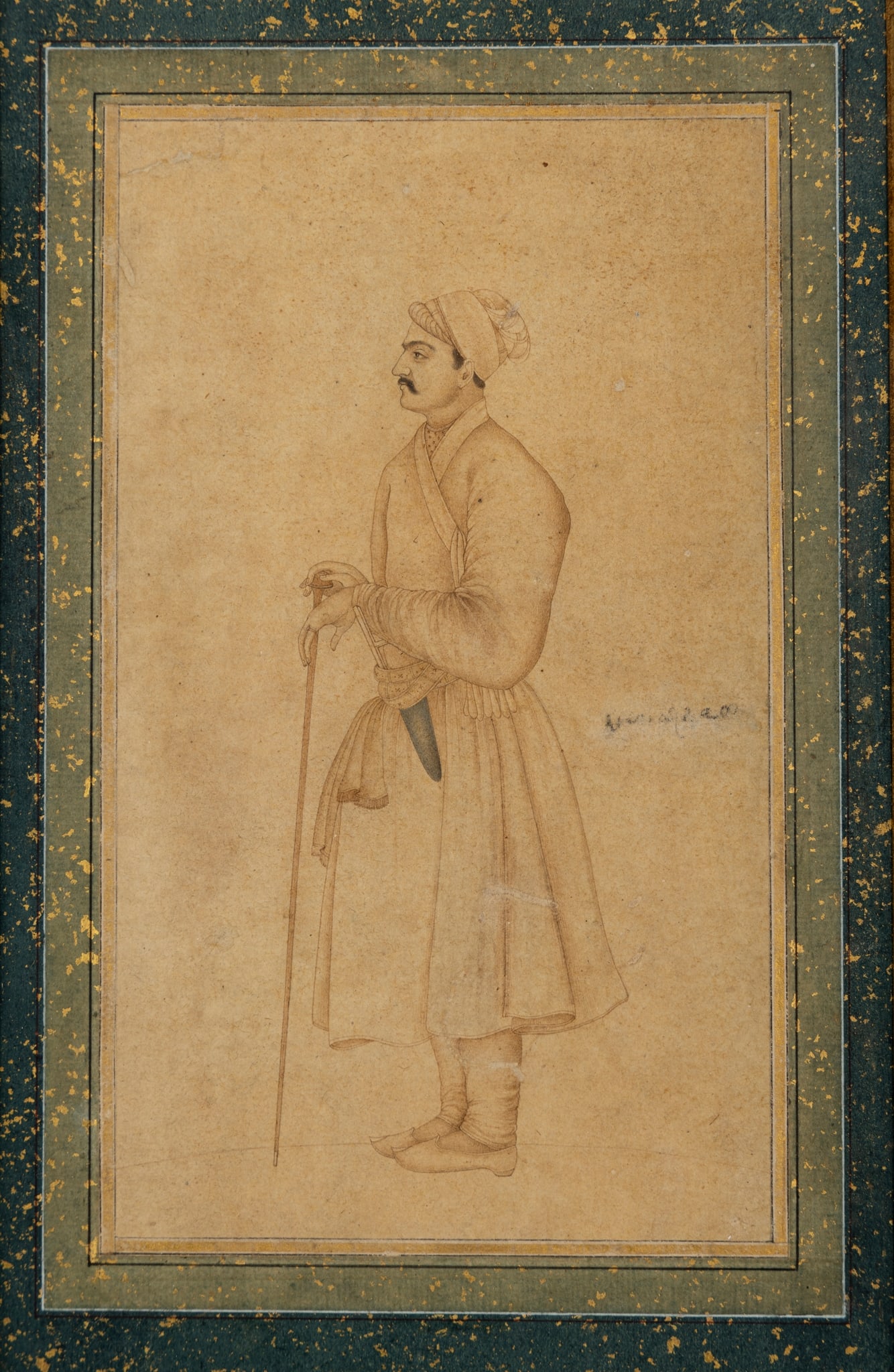 A PORTRAIT OF A MUGHAL COURTIER, POSSIBLY ISLAM KHAN RUMI: A PORTRAIT OF A MUGHAL COURTIER, POSSIBLY ISLAM KHAN RUMI IN THE STYLE OF RAI CHITARMAN, INDIA, CIRCA 1670 drawing on paper, depicting the courtier standing facing left leaning on a sword, dressed in 
