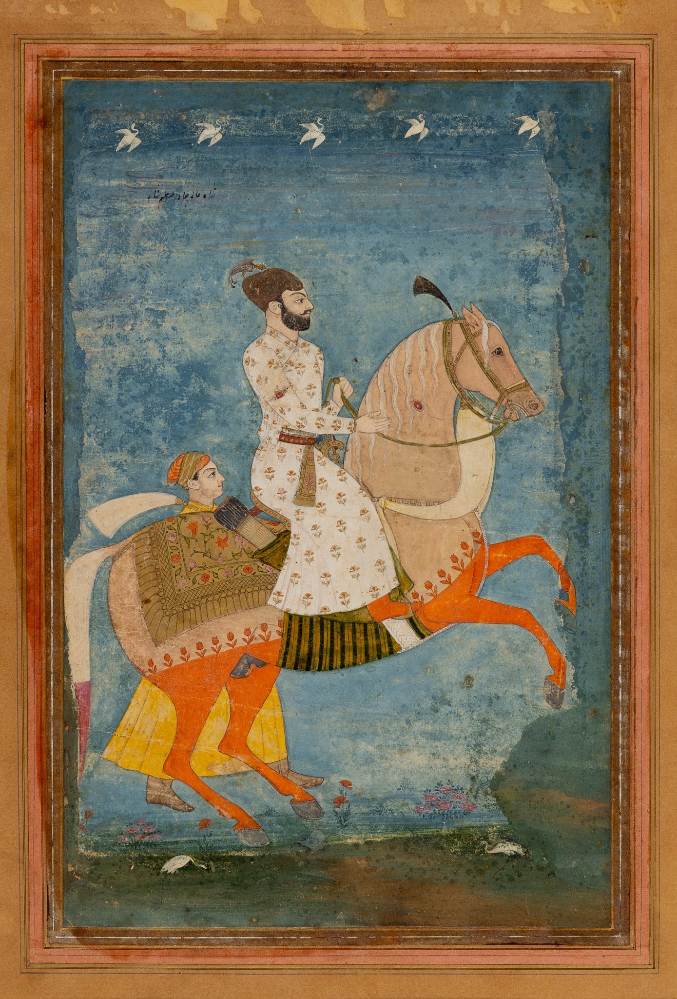‡ A FINE EQUESTRIAN PORTRAIT OF MUGHAL EMPEROR MUHAMMAD AZAM SHAH: A FINE EQUESTRIAN PORTRAIT OF MUGHAL EMPEROR MUHAMMAD AZAM SHAH INDIA, DECCAN, CIRCA 1700 gouache on paper heightened in gold, inscribed in nasta'liq above left in black ink: “The exalted king, 