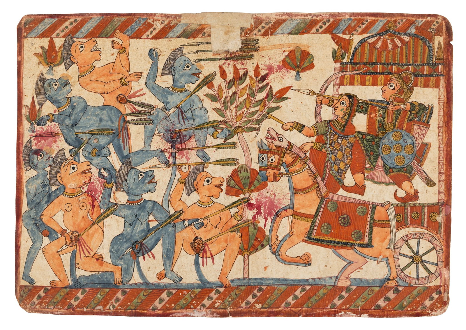 AN ILLUSTRATION TO THE MAHABHARATA: AN ILLUSTRATION TO THE MAHABHARATA INDIA, DECCAN, MAHARASHTRA, CIRCA 1840 gouache on paper heightened in gold, a ruler with a consort receiving two warriors in a pavilion, a female attendant standing 