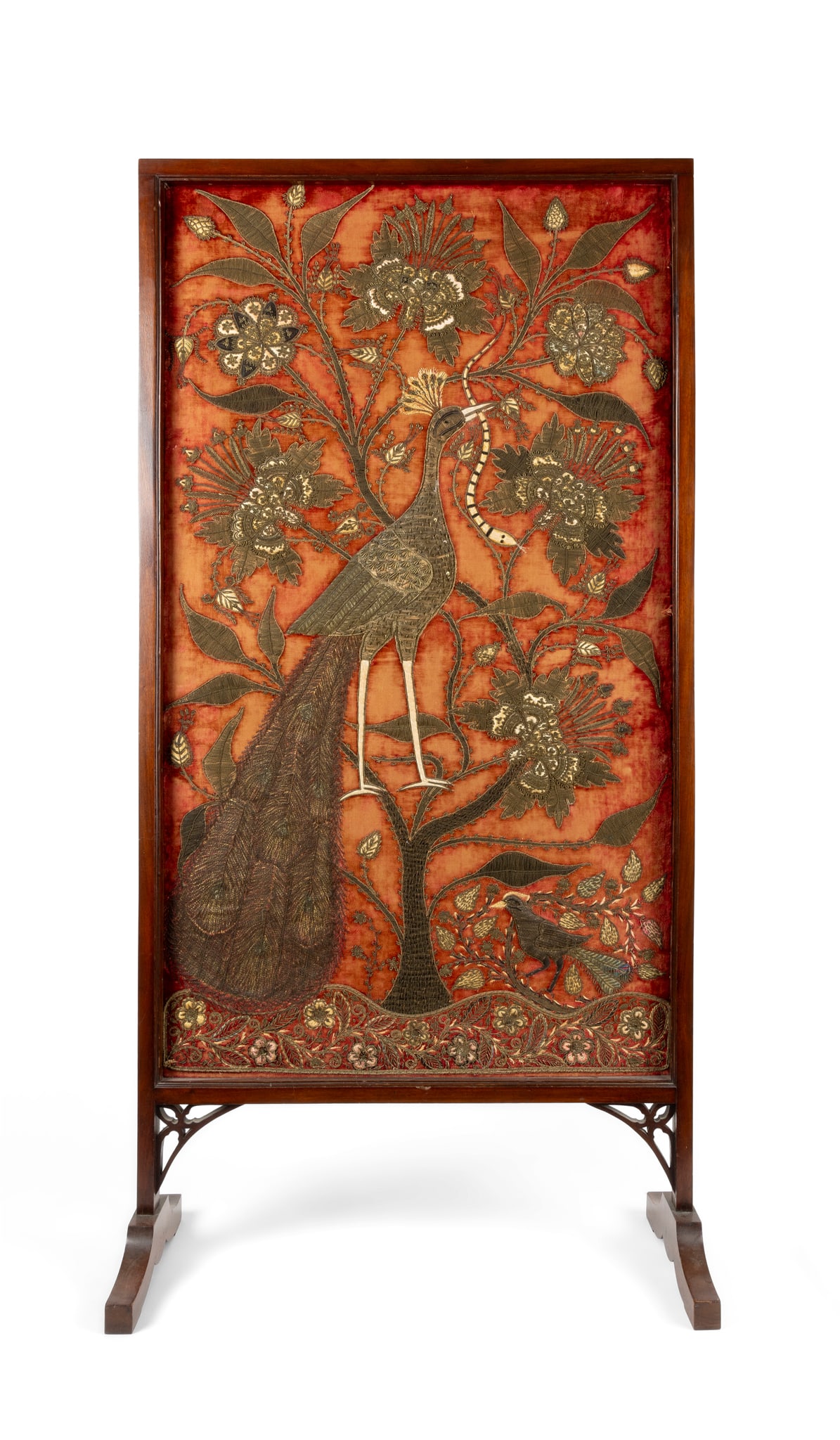A METAL-THREAD EMBROIDERED SILK PANEL WITH A PEACOCK EATING A WORM (1 of 4)
