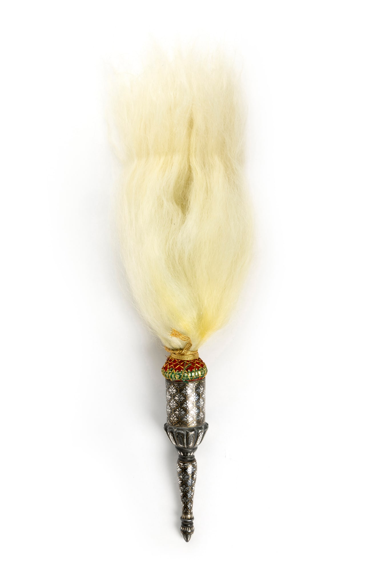 A BIDRI SILVER AND BRASS INLAID HAIR FLY-WHISK OR CHAURI: A BIDRI SILVER AND BRASS INLAID HAIR FLY-WHISK OR CHAURI INDIA, DECCAN, BIDAR, LATE 19TH/ EARLY 20TH CENTURY the tapering baluster‑style handle, inlaid with Bidri-style brass and silver ogival p