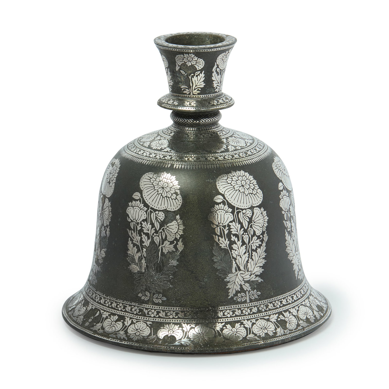 A STRIKING BIDRI SILVER INLAID HOOKAH BASE WITH POPPY SPRAYS: A STRIKING BIDRI SILVER INLAID HOOKAH BASE WITH POPPY SPRAYS INDIA, BIDAR, CIRCA 1700 of bell-shaped form, the main body and spout decorated with elegant poppy sprays, narrow borders with continuous u