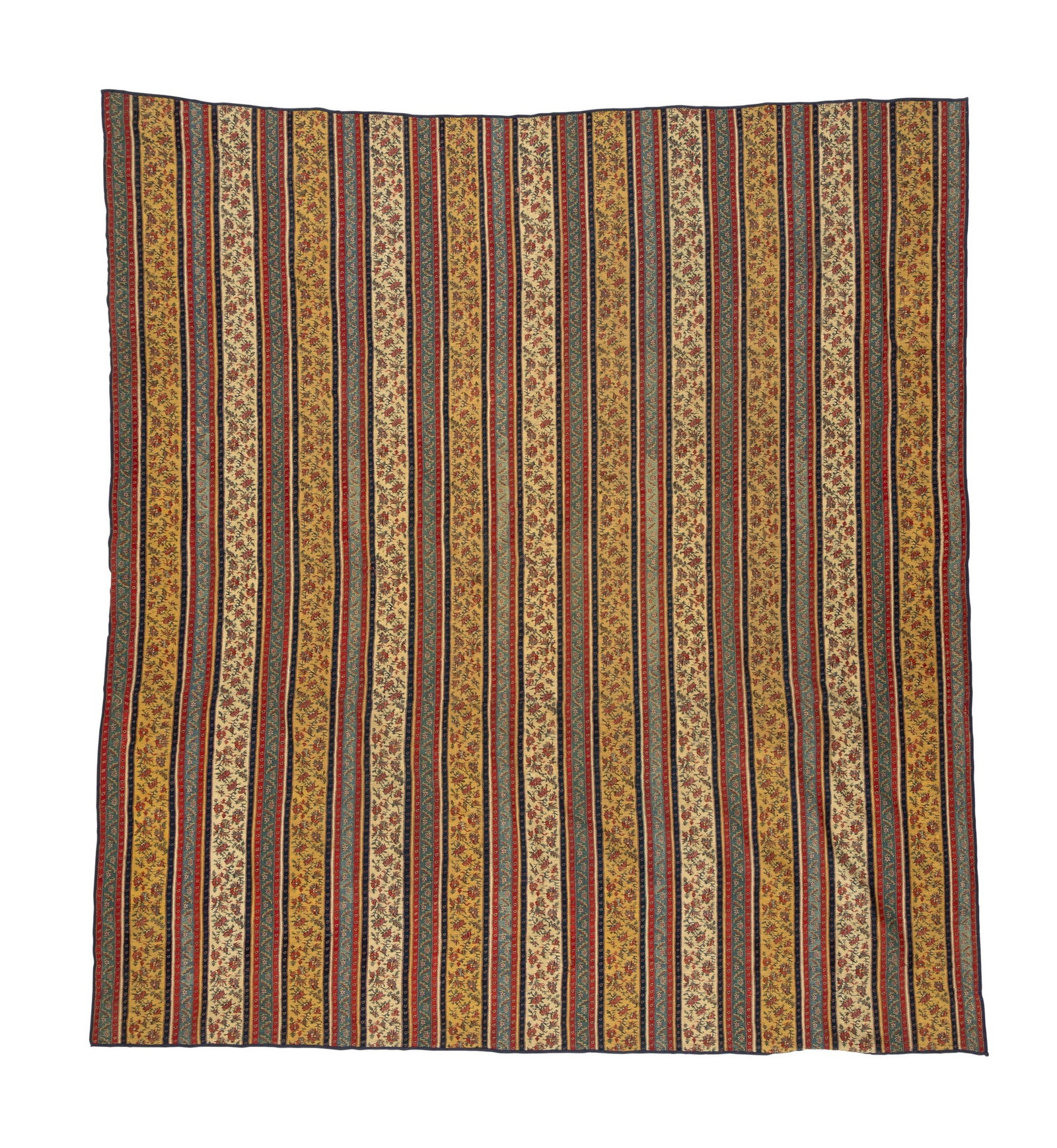 A KASHMIRI STRIPED SHAWL: A KASHMIRI STRIPED SHAWL INDIA, KASHMIR, EARLY 19TH CENTURY of irregular square form, woven with vertical bands, comprising polychrome floral bands on a saffron yellow and cream ground, separated by b