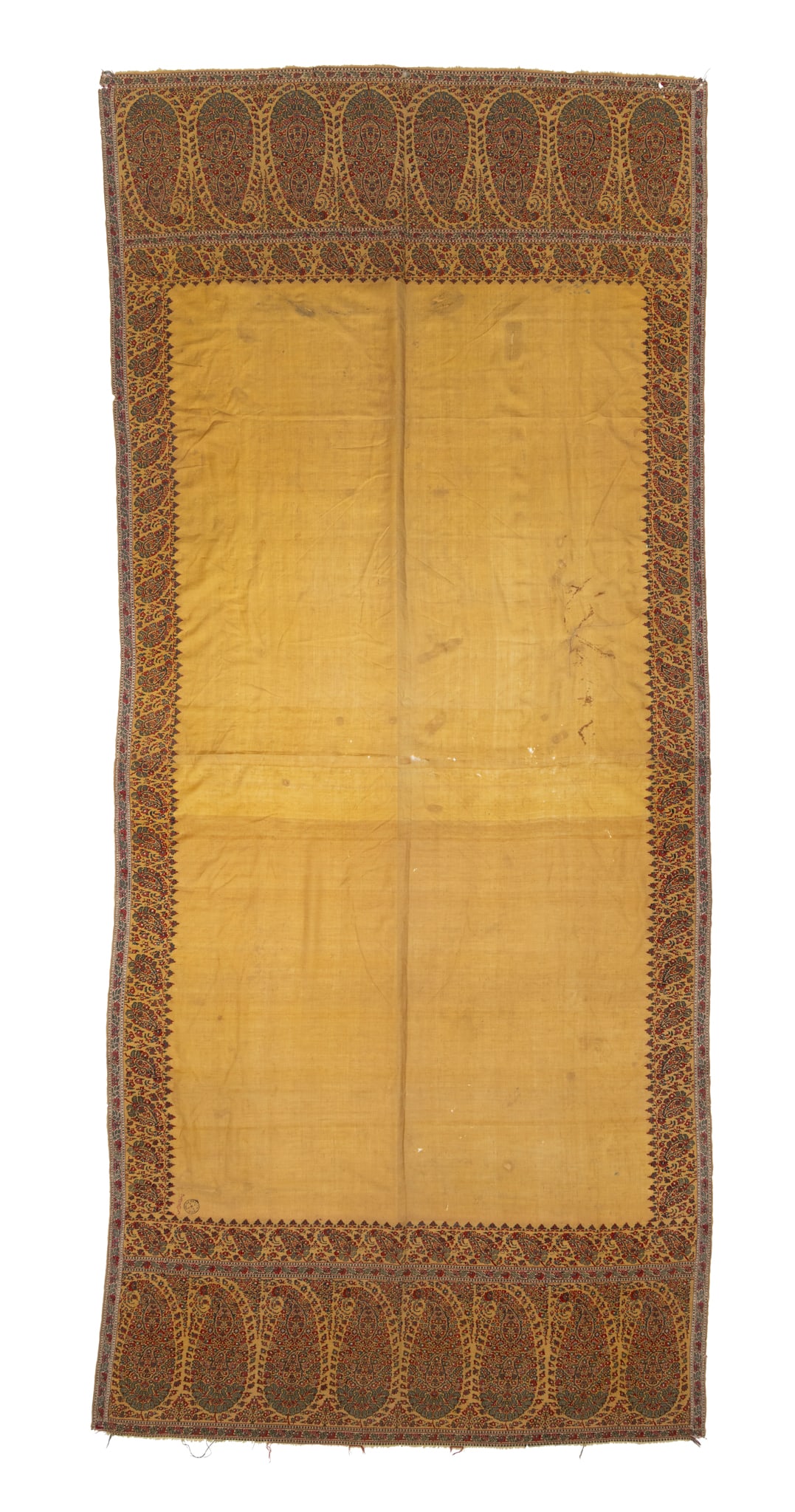 A LONG YELLOW SHAWL (DOCHALLA): A LONG YELLOW SHAWL (DOCHALLA) INDIA, KASHMIR, CIRCA 1810 of elongated rectangular form, the saffron yellow pashmina wool ground woven with borders (palla) composed of primarily red and green mosaic b